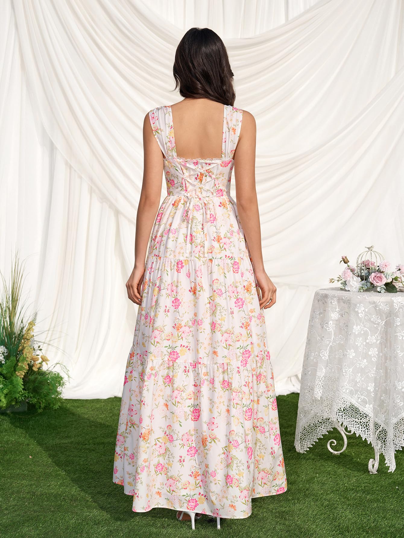 KUTUMAI Floral Maxi Long Dress Lace Up Square Neck Flowy Summer Wedding Guest Dresses for Women 2026