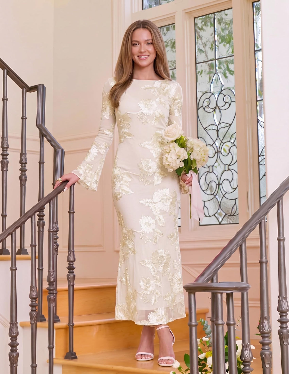 ZESICA Women Fall Long Sleeve Wedding Guest Cocktail Midi Dress