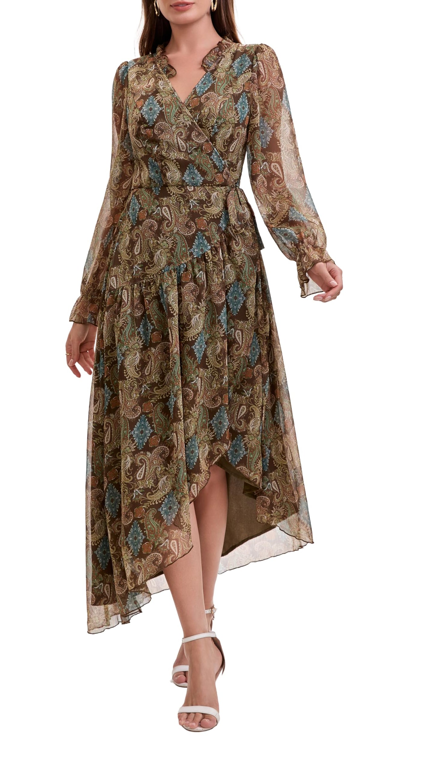Women's Bohemian Floral Print Tie-Waist Wrap Midi Dress - Long Sleeve V-Neck Asymmetrical Hem Flowy Chiffon Dress