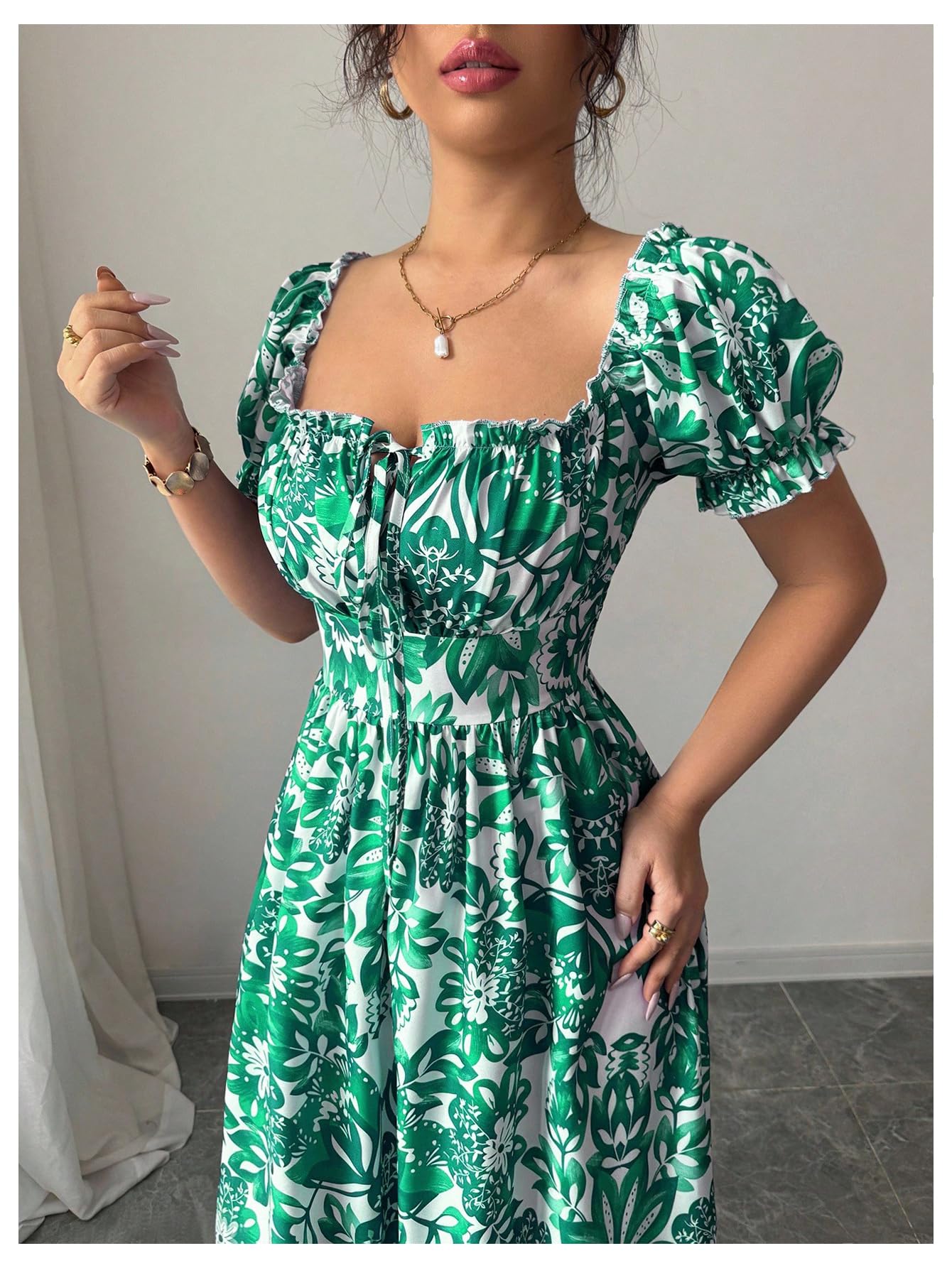 Floerns Women's Floral Short Puff Sleeve Milkmaid Dress Boho A Line Long Dresses