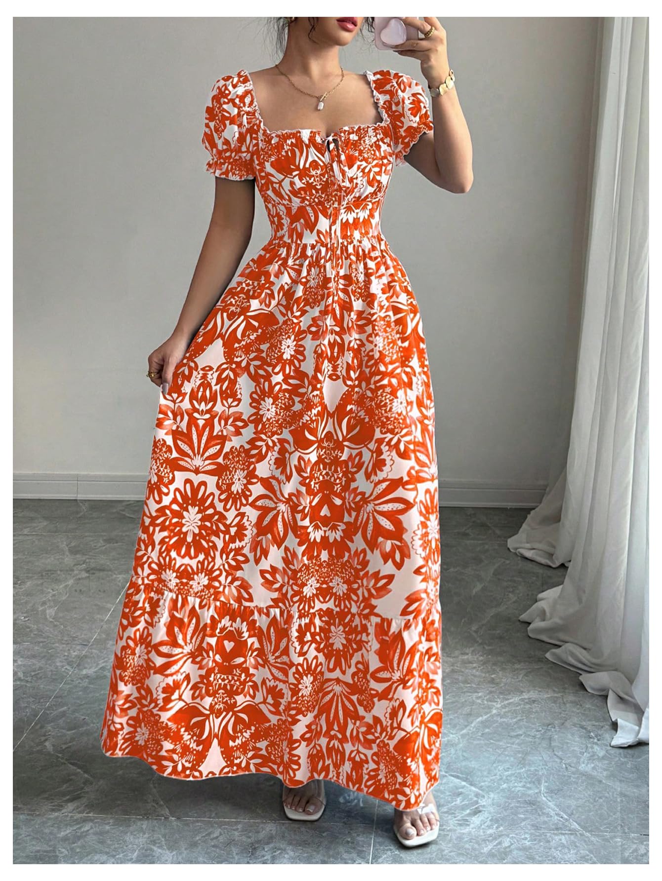 Floerns Women's Floral Short Puff Sleeve Milkmaid Dress Boho A Line Long Dresses