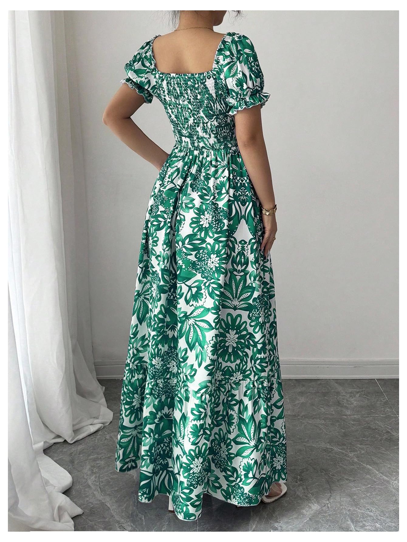 Floerns Women's Floral Short Puff Sleeve Milkmaid Dress Boho A Line Long Dresses