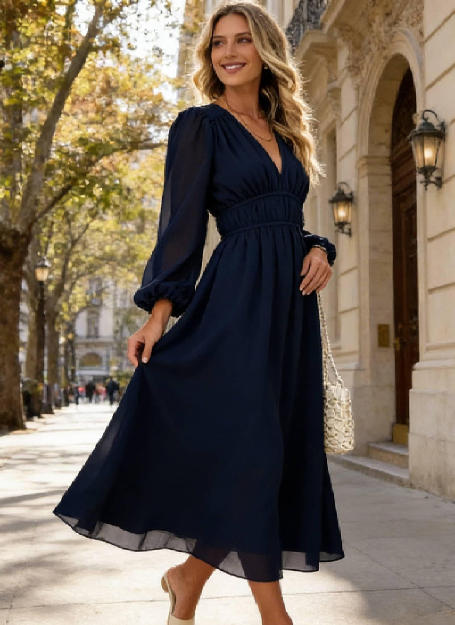 LOZ Womens Long Sleeve Dresses 2026 Summer V-Neck Multicolor Floral Dresses | V-Neck, Puff Sleeve, Chiffon Dresses, Long Dresses, Elegant Wedding Guest, Maxi Dress, Cocktail Dress, Spring Maxi Dress
