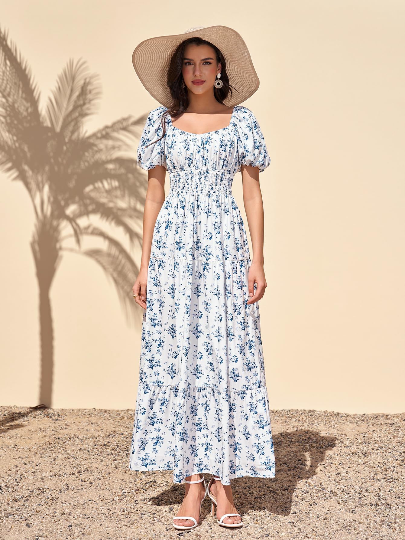 Women Puff Sleeve Wedding Guest Maxi Dress Floral Flowy A Line Tiered Beach Long Dresses