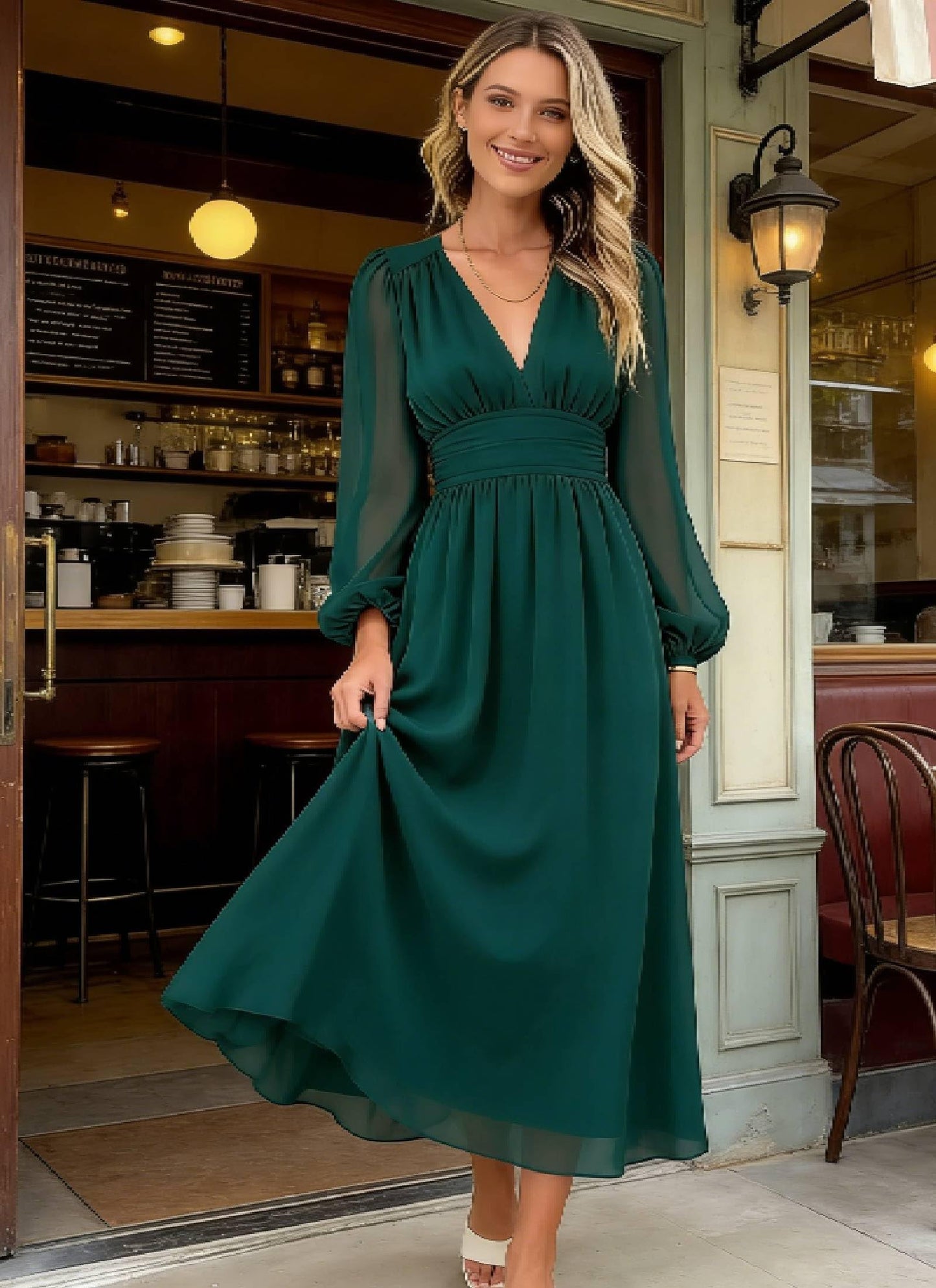 LOZ Womens Long Sleeve Dresses 2026 Summer V-Neck Multicolor Floral Dresses | V-Neck, Puff Sleeve, Chiffon Dresses, Long Dresses, Elegant Wedding Guest, Maxi Dress, Cocktail Dress, Spring Maxi Dress