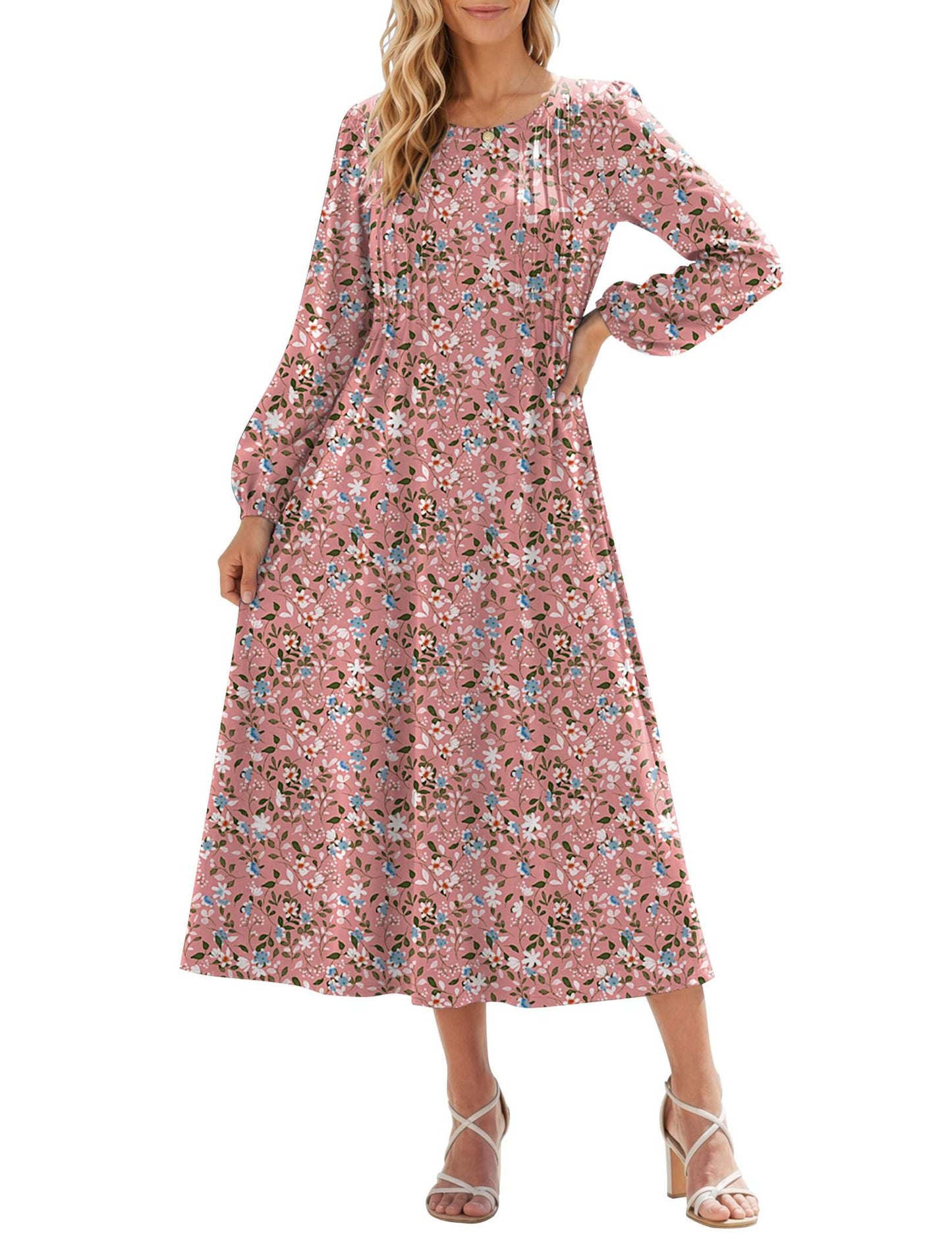 Zeagoo Fall Dresses for Women Long Sleeve Midi Dress Casual A Line Dresses 2026 Pleated Flare Dress with Pockets