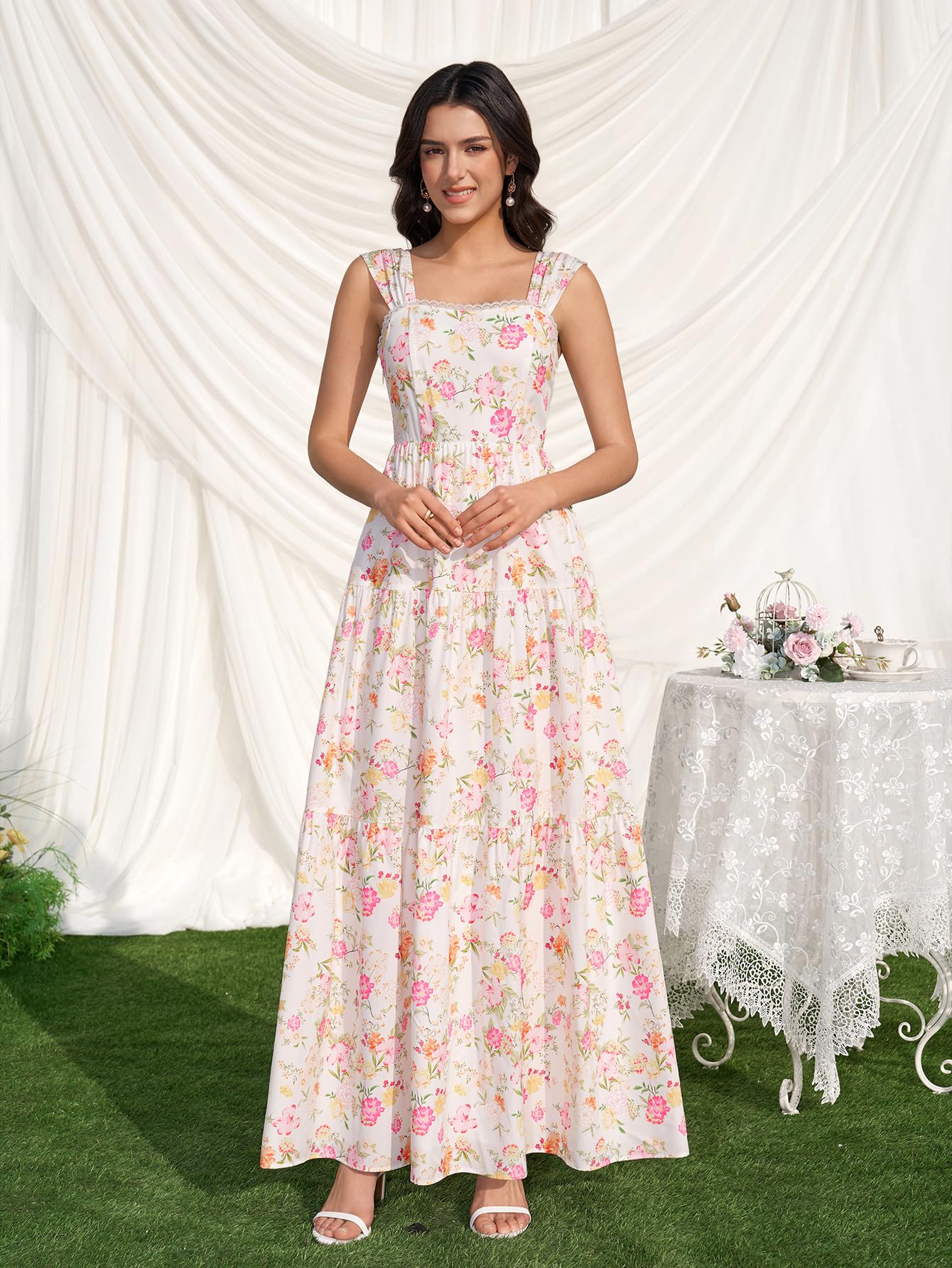 KUTUMAI Floral Maxi Long Dress Lace Up Square Neck Flowy Summer Wedding Guest Dresses for Women 2026