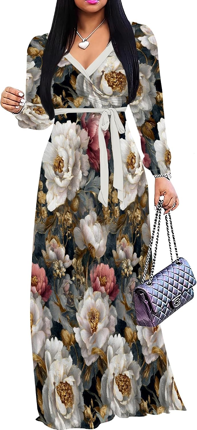 SUZONANA Plus Size Dresses for Women Floral Print Maxi Dress Flowy 3/4 Sleeve with Belt