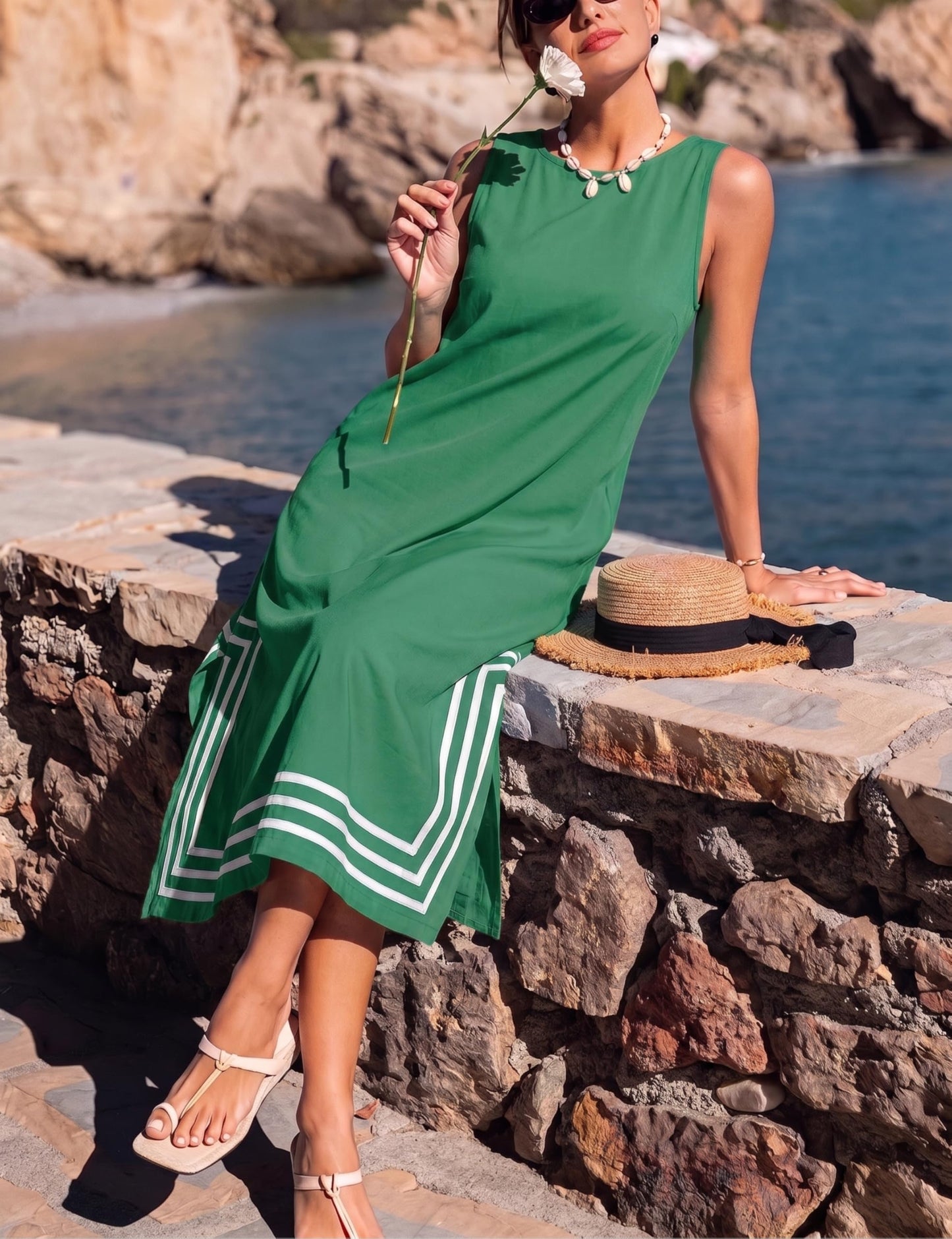 Womens Boho Linen Maxi Dress Sleeveless Split Sundress Color Block A-Line Coverups Beach Vacation Dress with Pockets
