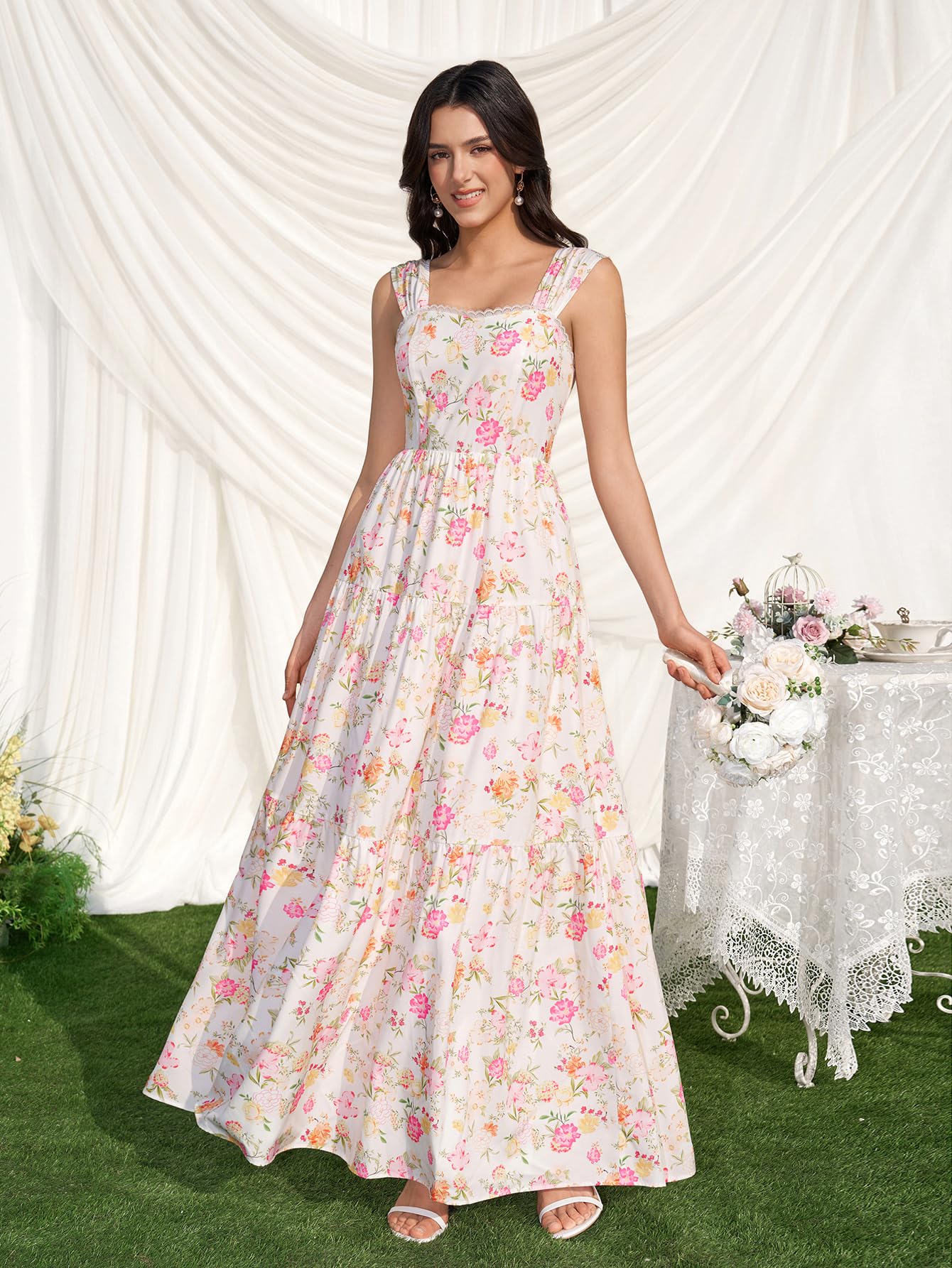 KUTUMAI Floral Maxi Long Dress Lace Up Square Neck Flowy Summer Wedding Guest Dresses for Women 2026