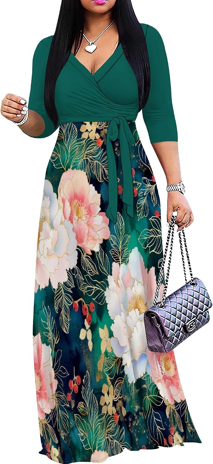 SUZONANA Plus Size Dresses for Women Floral Print Maxi Dress Flowy 3/4 Sleeve with Belt