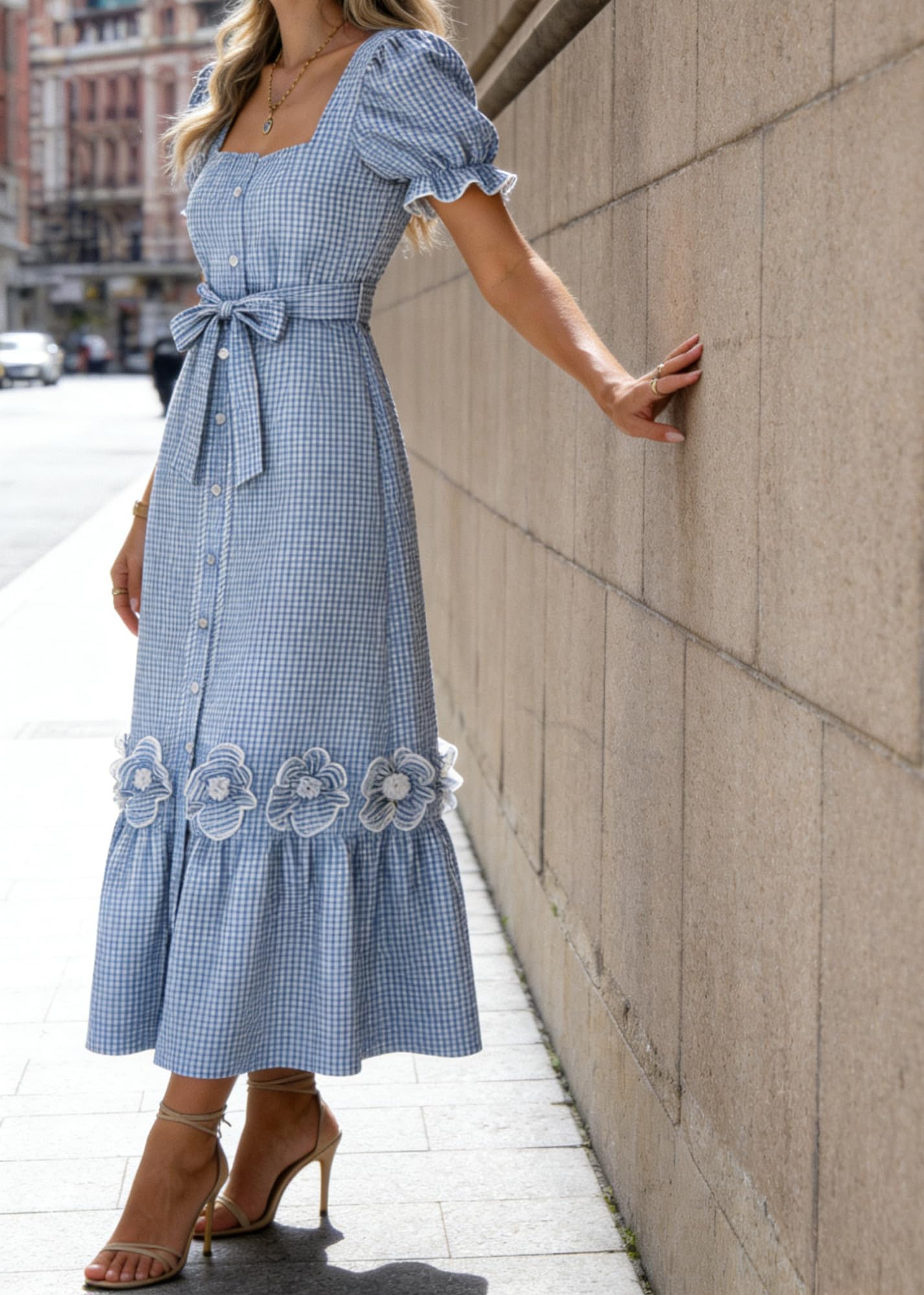 utcoco Dresses for Women Puff Short Sleeve Button Down 3D Flower Ruffle Plaid Maxi Shirt Dress