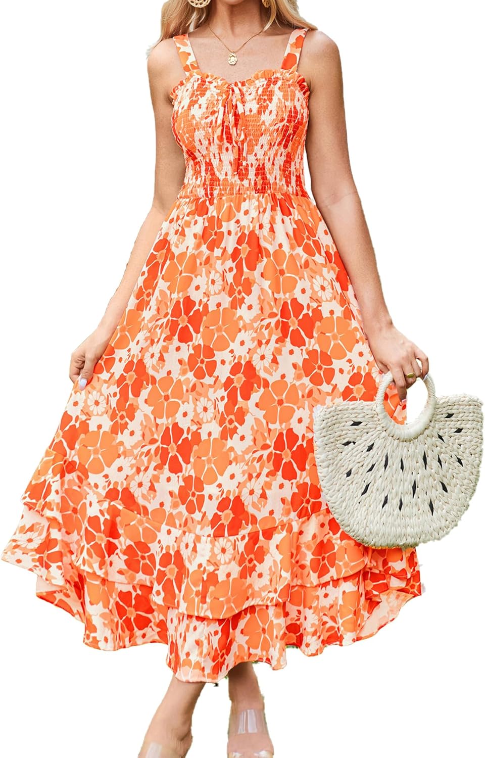 GRACE KARIN Women's 2026 Summer Floral Boho Dress Square Neck Strapped Swing A Line Sundress Beach Long Maxi Outfits