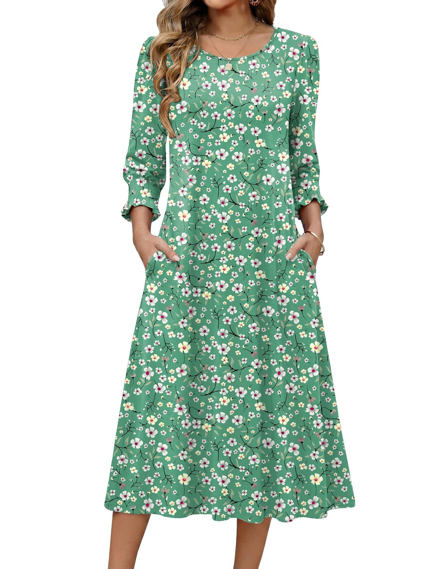 Zeagoo Summer Dresses for Women 2026 3/4 Sleeve Dress for Women Floral Midi Dresses for Casual Womens Dresses with Pockets