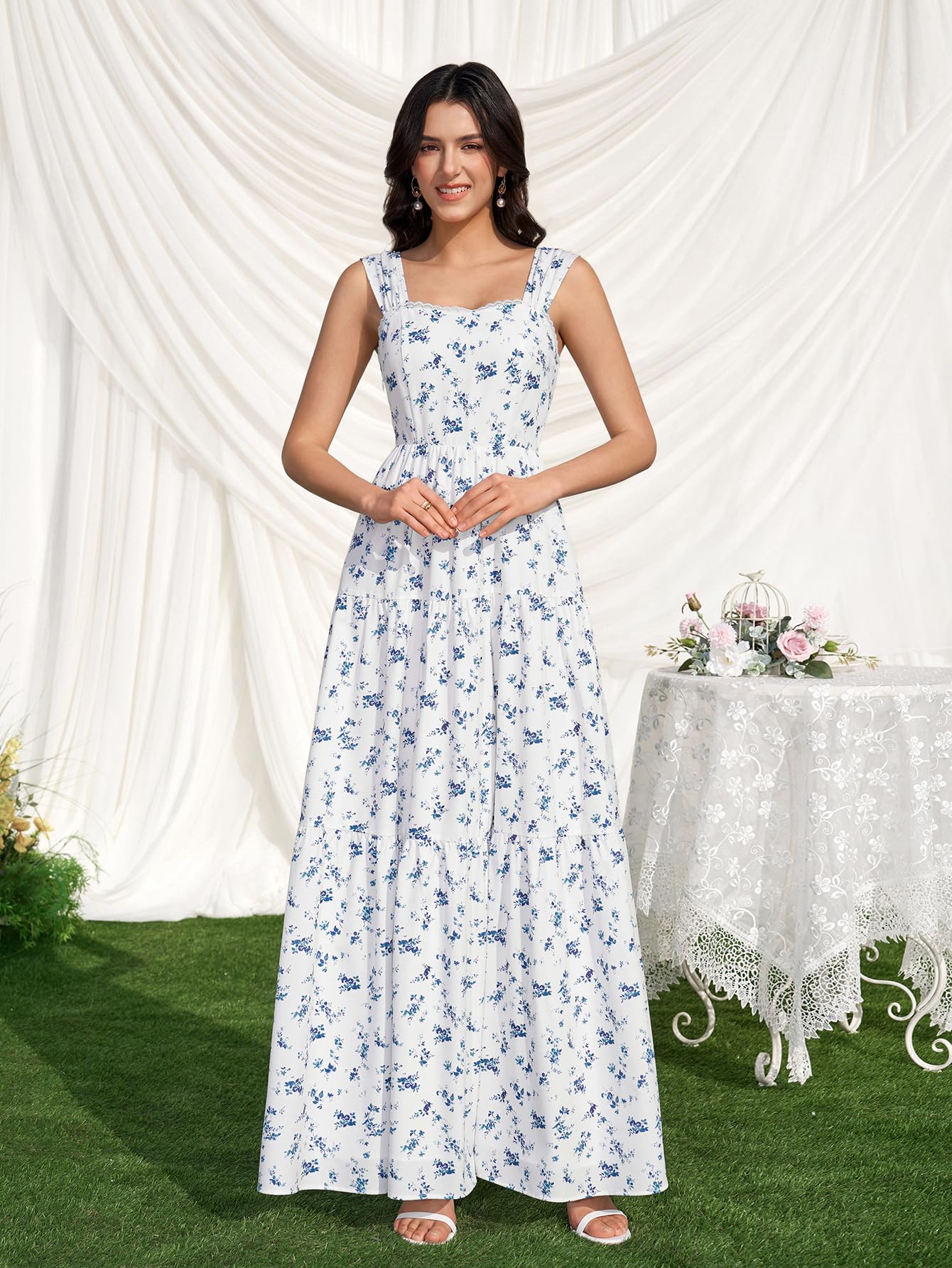 KUTUMAI Floral Maxi Long Dress Lace Up Square Neck Flowy Summer Wedding Guest Dresses for Women 2026