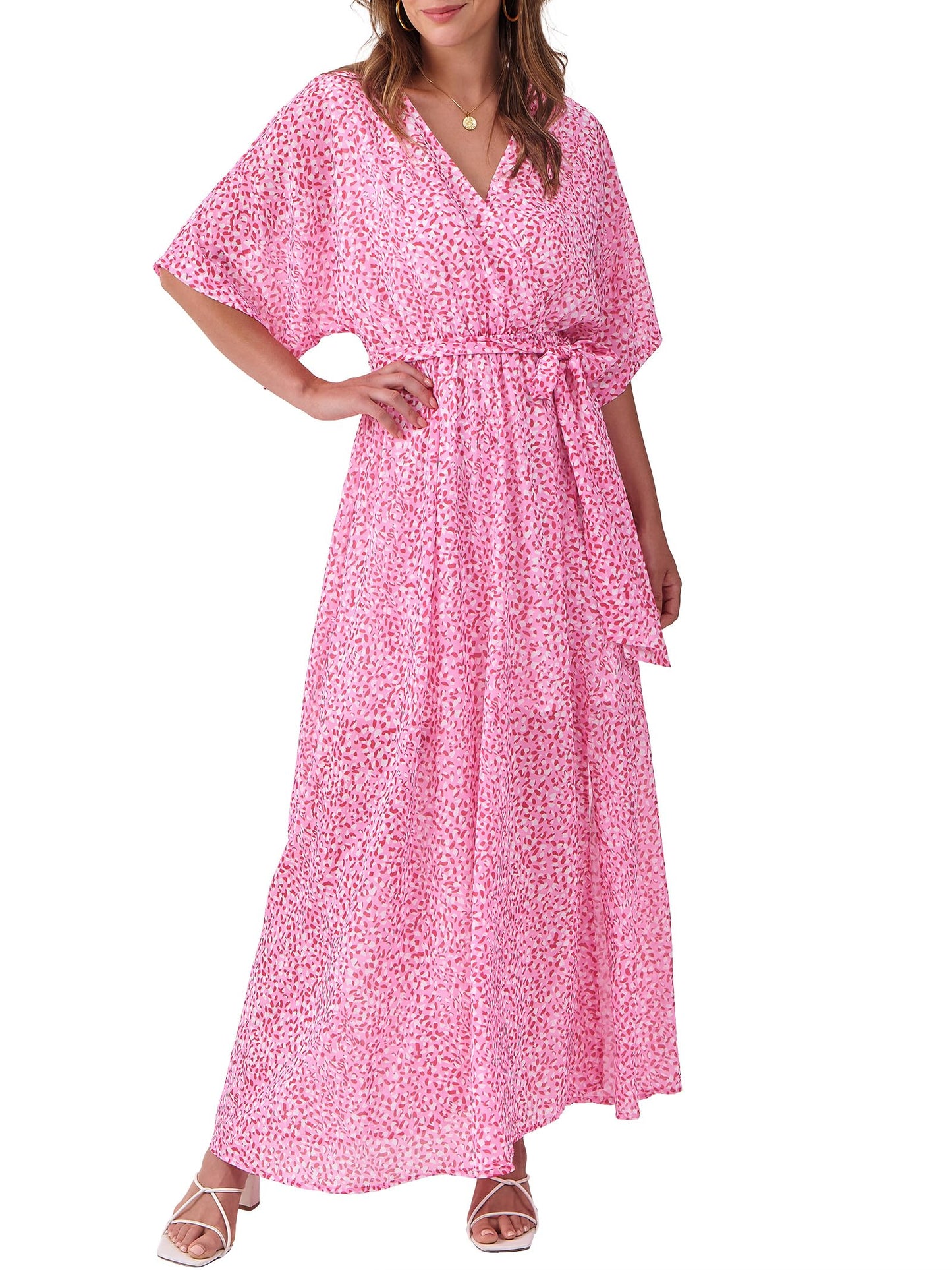 ANRABESS Womens 1/2 Sleeve Beach Wedding Guest Maxi Dresses 2026 Summer Wrap V Neck Boho Floral Flowy Slit Long Dresses