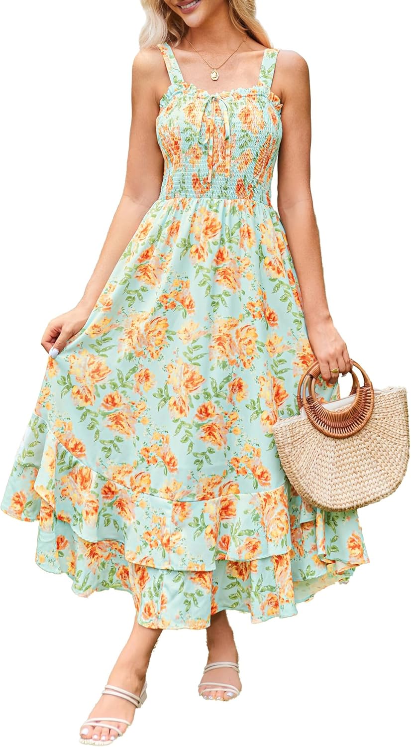 GRACE KARIN Women's 2026 Summer Floral Boho Dress Square Neck Strapped Swing A Line Sundress Beach Long Maxi Outfits