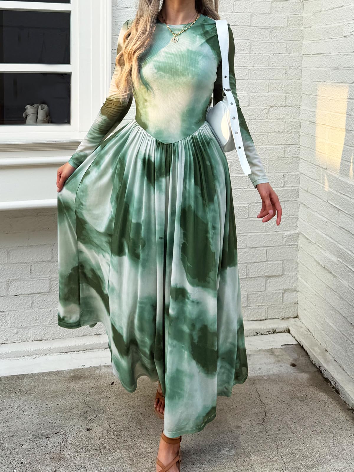 Women's Maxi Dress 2026 Spring Long Sleeve Crewneck Mesh Floral Dress Drop Waist Party Wedding Guest Dresses