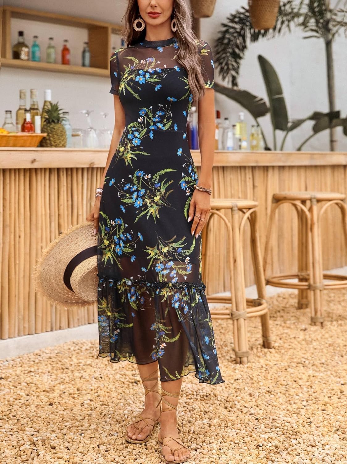 GothDark Women's Summer Floral Mesh Ruffle Dress Short Sleeve Round Neck Waist Cinched Casual Maxi Wedding Guest Dresses