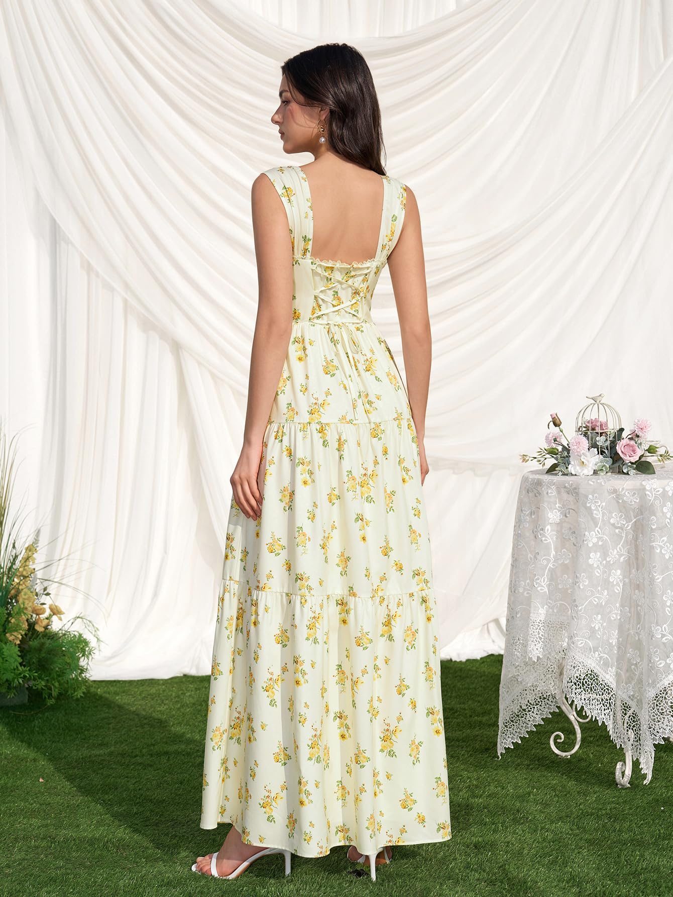 KUTUMAI Floral Maxi Long Dress Lace Up Square Neck Flowy Summer Wedding Guest Dresses for Women 2026