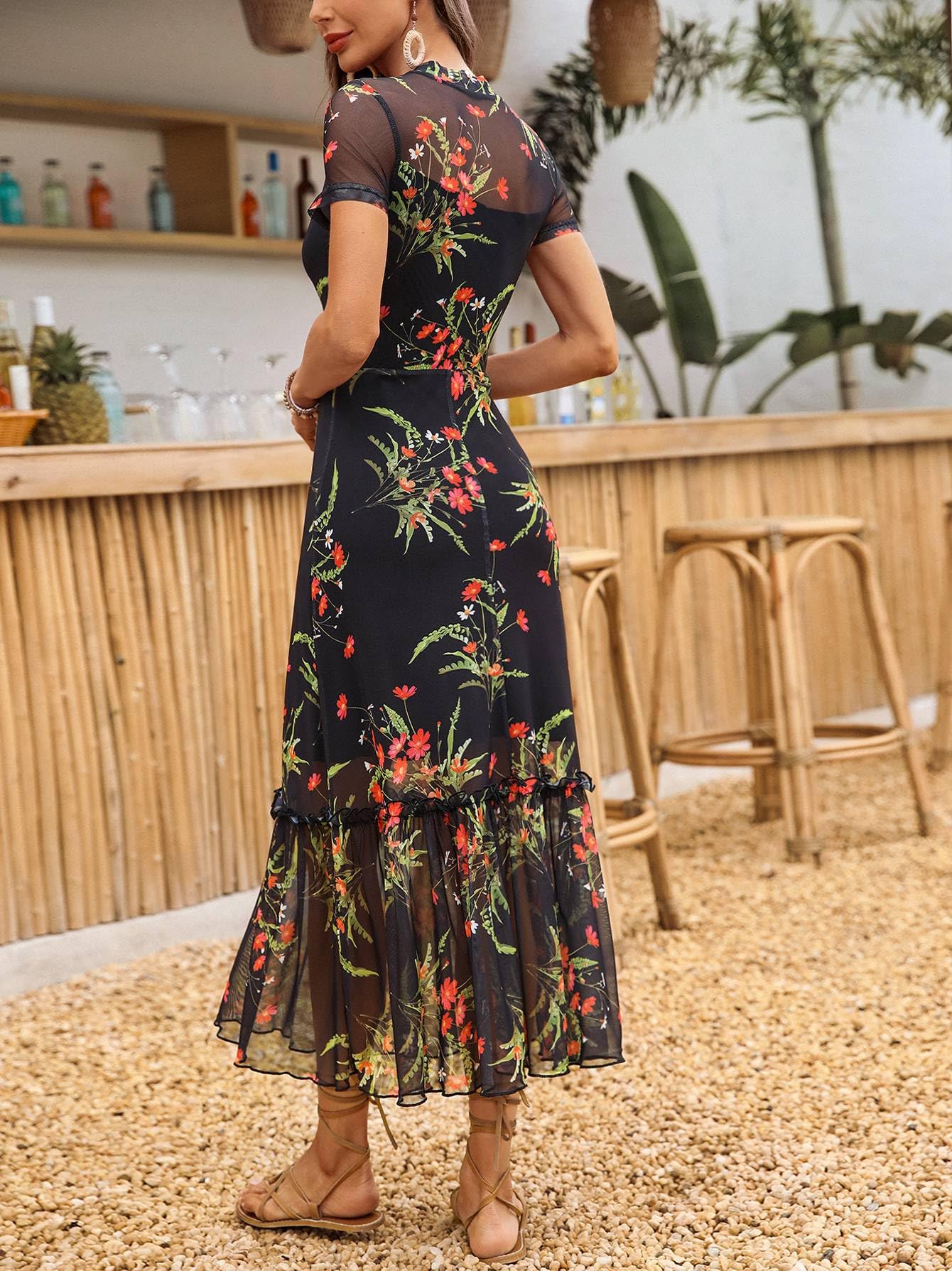 GothDark Women's Summer Floral Mesh Ruffle Dress Short Sleeve Round Neck Waist Cinched Casual Maxi Wedding Guest Dresses