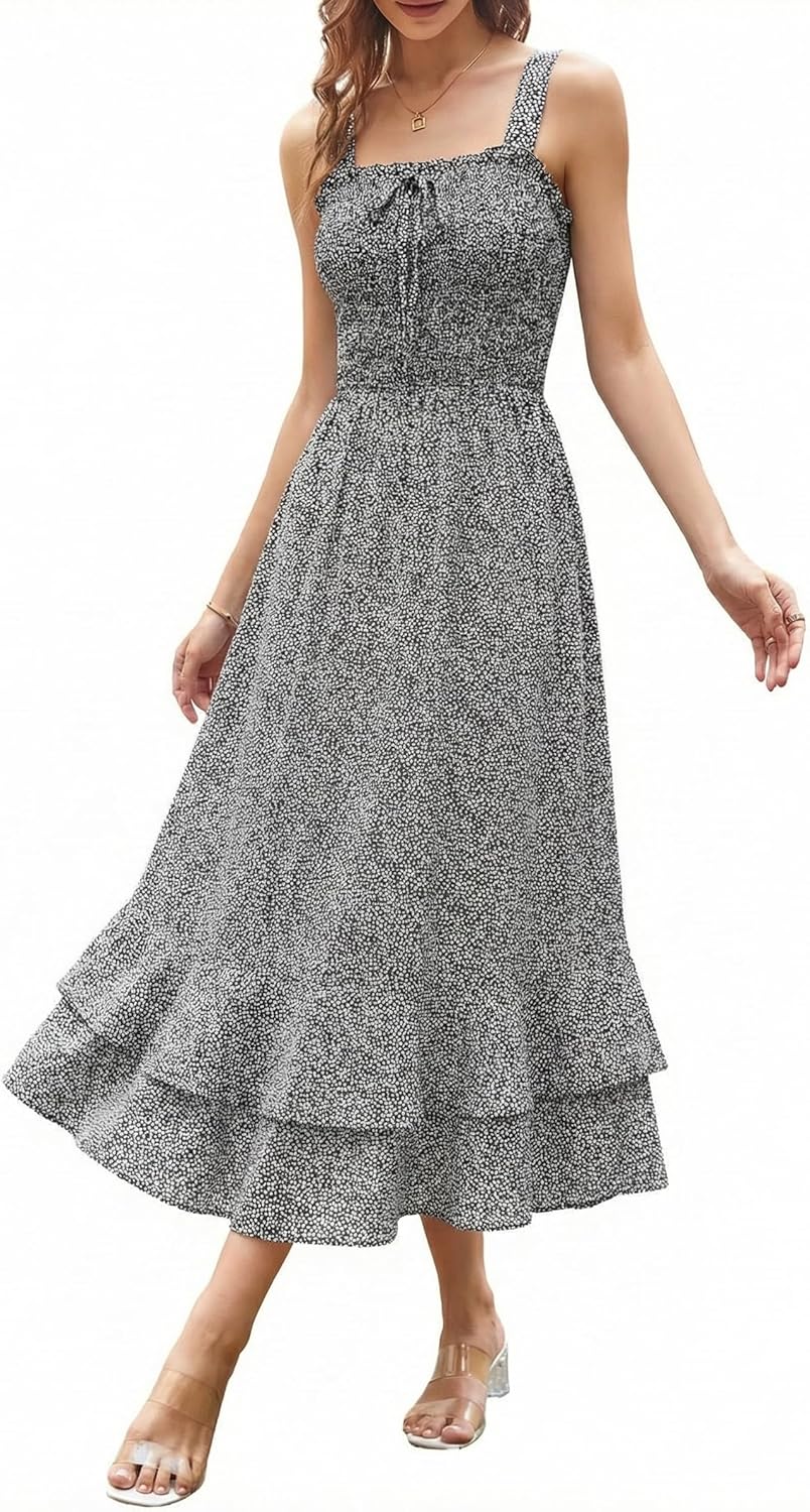 GRACE KARIN Women's 2026 Summer Floral Boho Dress Square Neck Strapped Swing A Line Sundress Beach Long Maxi Outfits