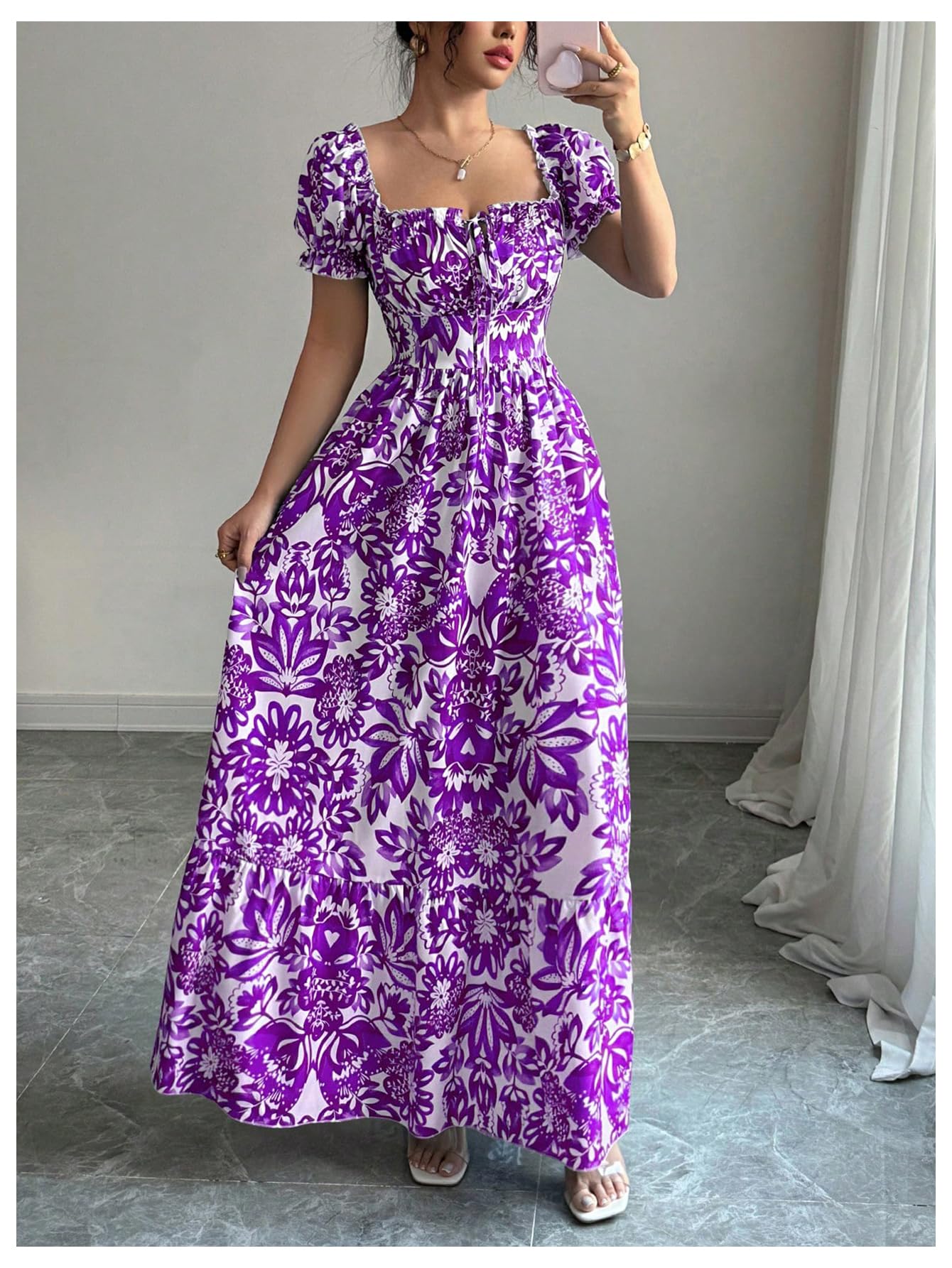 Floerns Women's Floral Short Puff Sleeve Milkmaid Dress Boho A Line Long Dresses