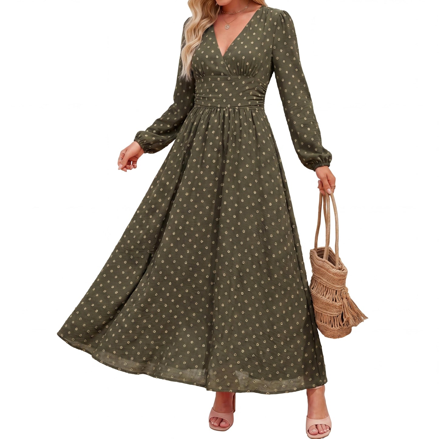 Women's Swiss Dot Long Sleeve V Neck Midi Dress, Faux Wrap A-Line Wedding Guest Dress, Fully Lined Smocked Back