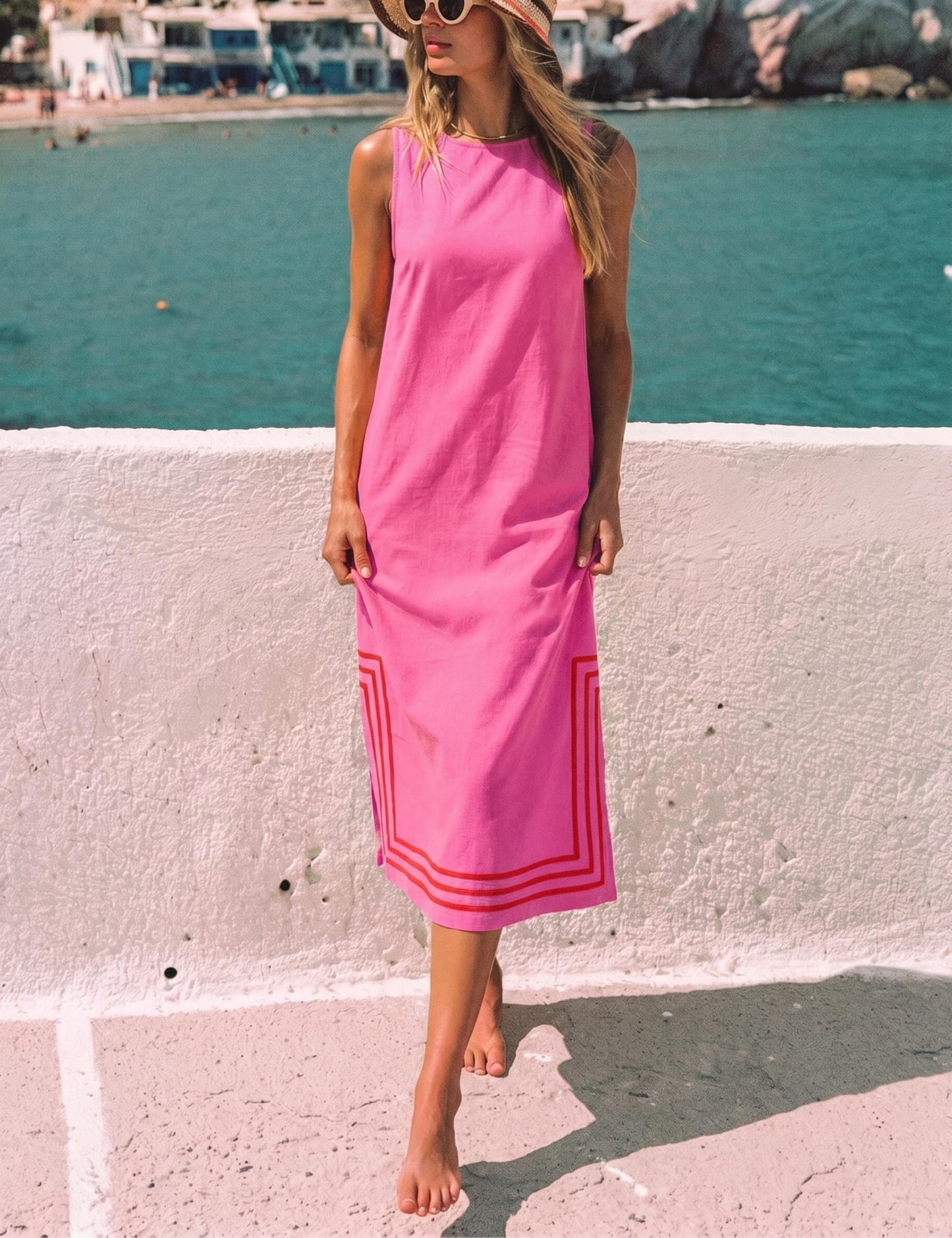 Womens Boho Linen Maxi Dress Sleeveless Split Sundress Color Block A-Line Coverups Beach Vacation Dress with Pockets