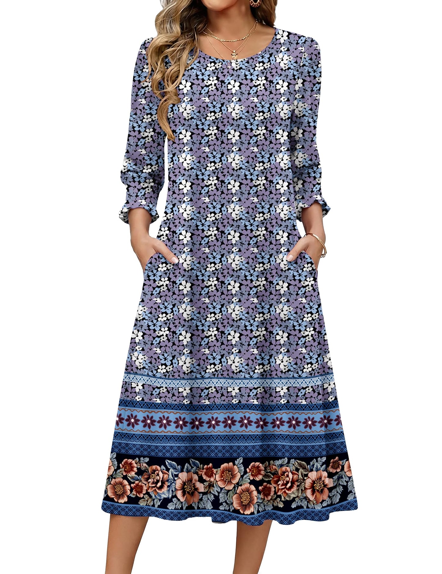 Zeagoo Summer Dresses for Women 2026 3/4 Sleeve Dress for Women Floral Midi Dresses for Casual Womens Dresses with Pockets