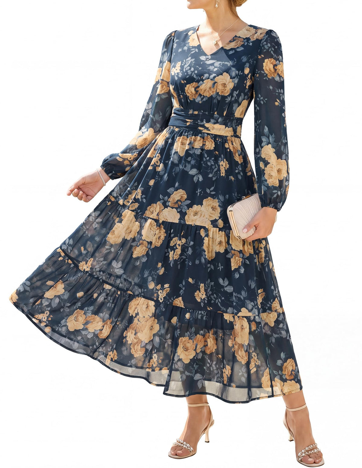 GRACE KARIN Women Floral Maxi Dress Fall Long Sleeve Wedding Guest Dresses