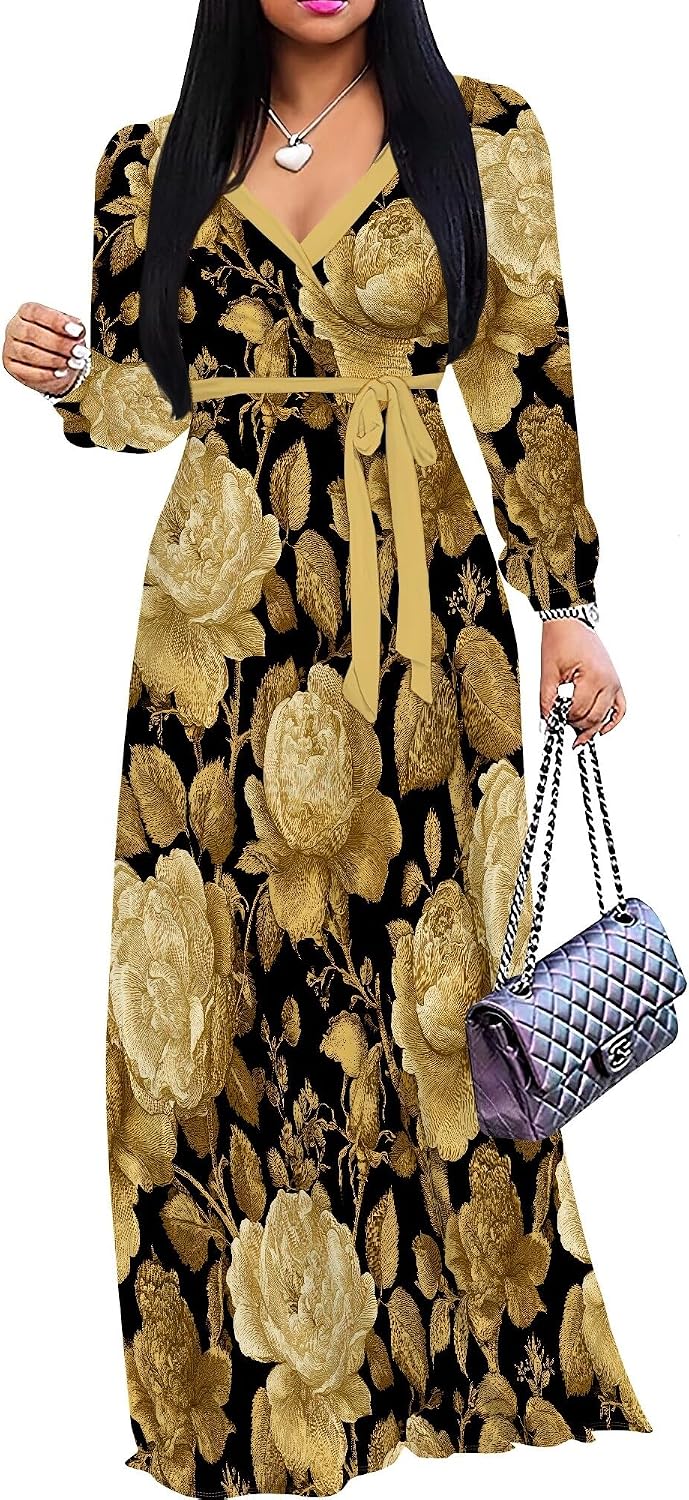 SUZONANA Plus Size Dresses for Women Floral Print Maxi Dress Flowy 3/4 Sleeve with Belt