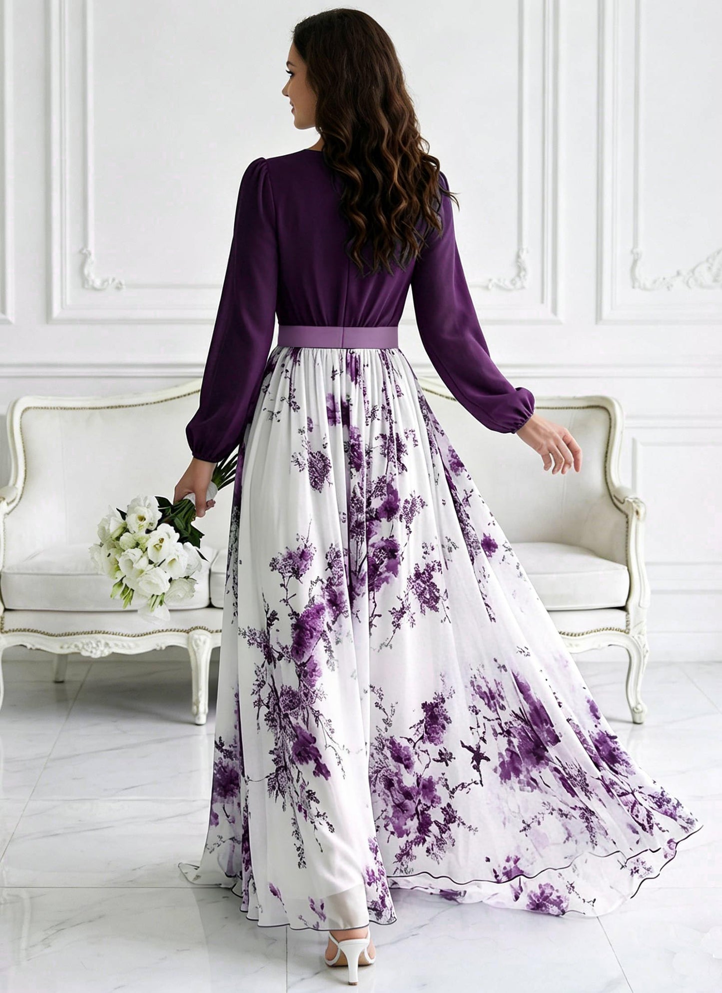 Women's Boho Floral Chiffon Maxi Dresses 2026 Summer Casual Long Sheer Sleeve Deep V Neck A-Line Beach Vacation Dress