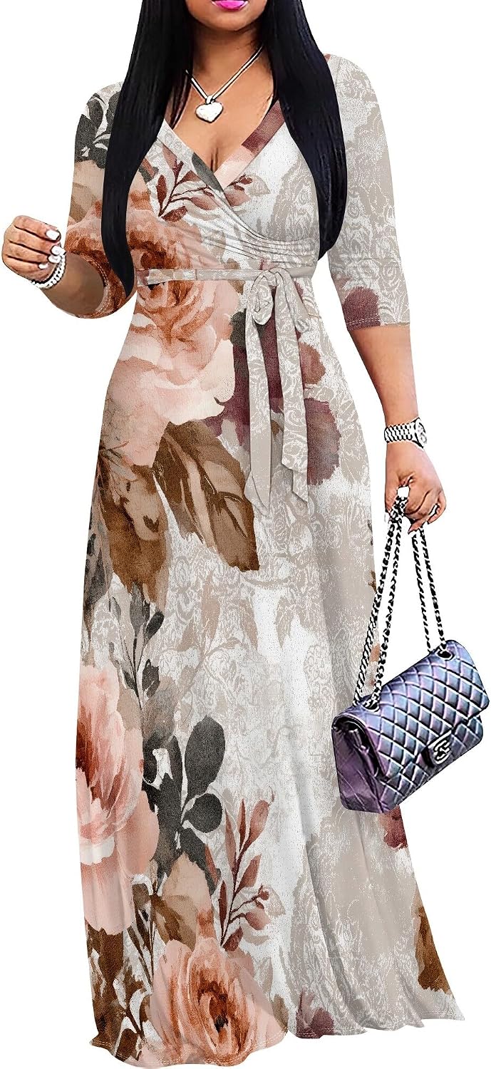 SUZONANA Plus Size Dresses for Women Floral Print Maxi Dress Flowy 3/4 Sleeve with Belt