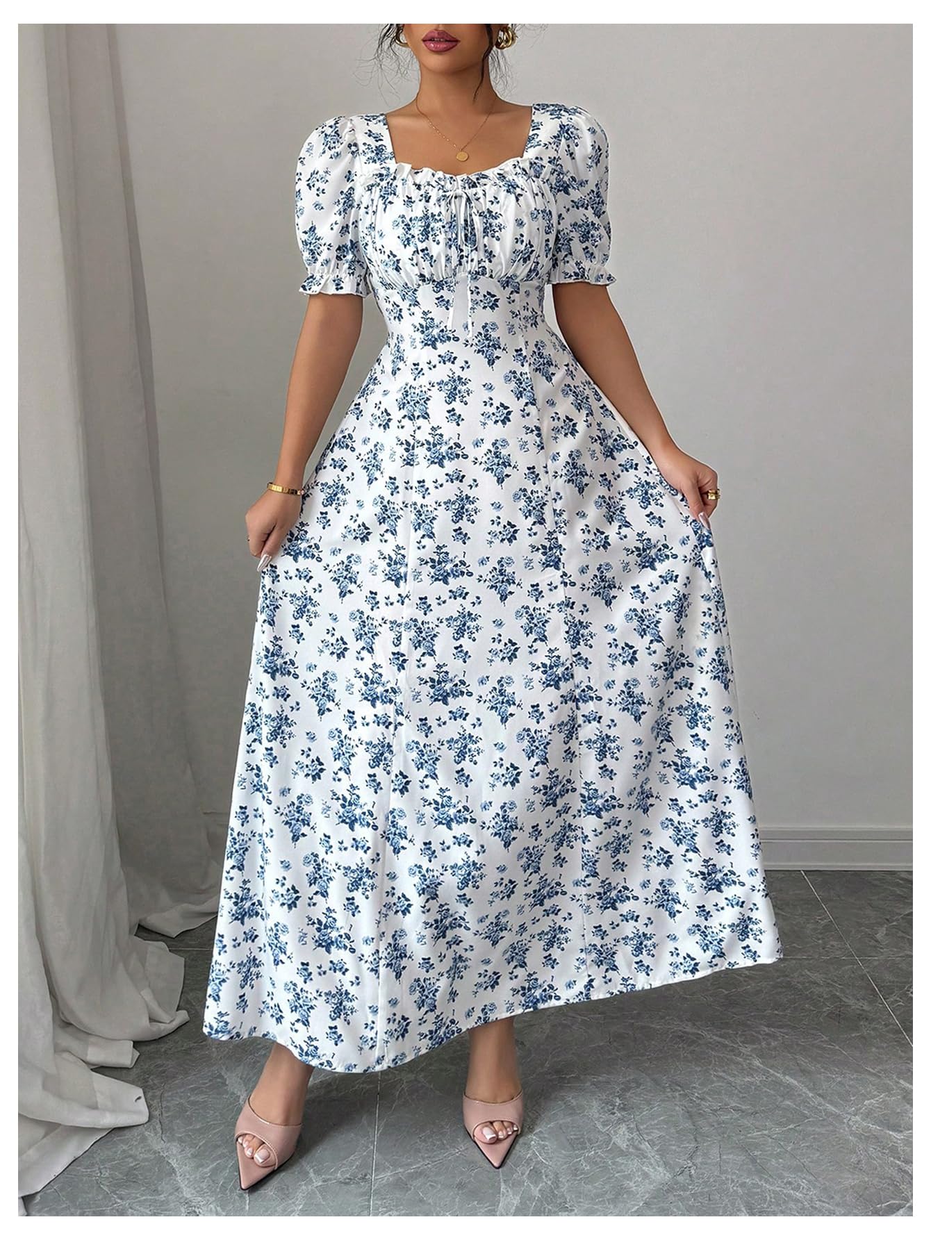 Floerns Women's Floral Short Puff Sleeve Milkmaid Dress Boho A Line Long Dresses