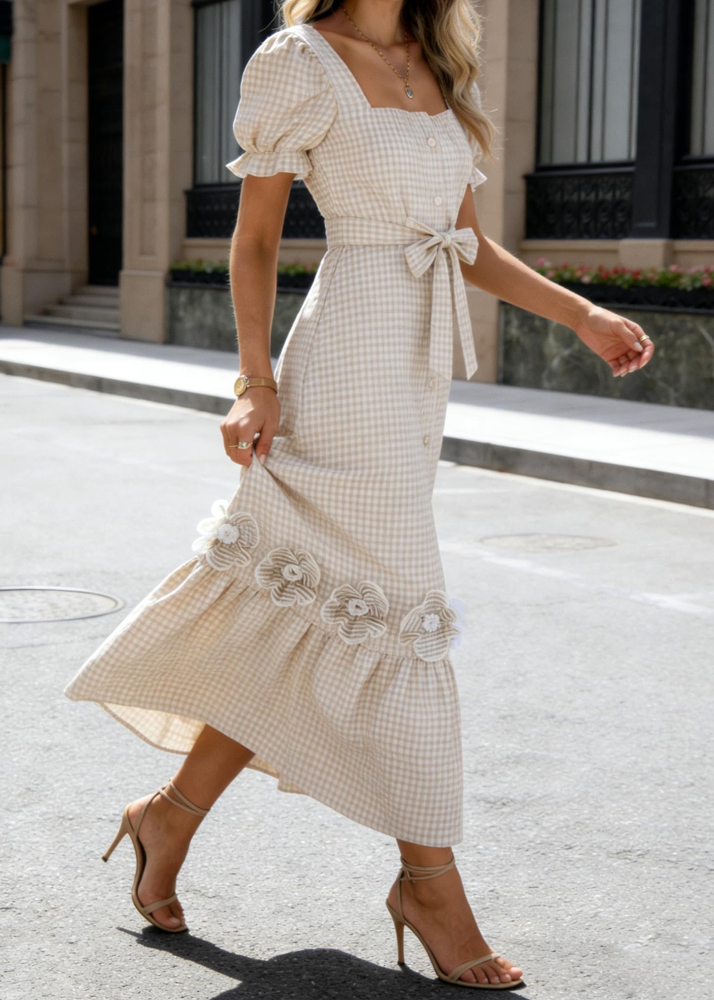 utcoco Dresses for Women Puff Short Sleeve Button Down 3D Flower Ruffle Plaid Maxi Shirt Dress