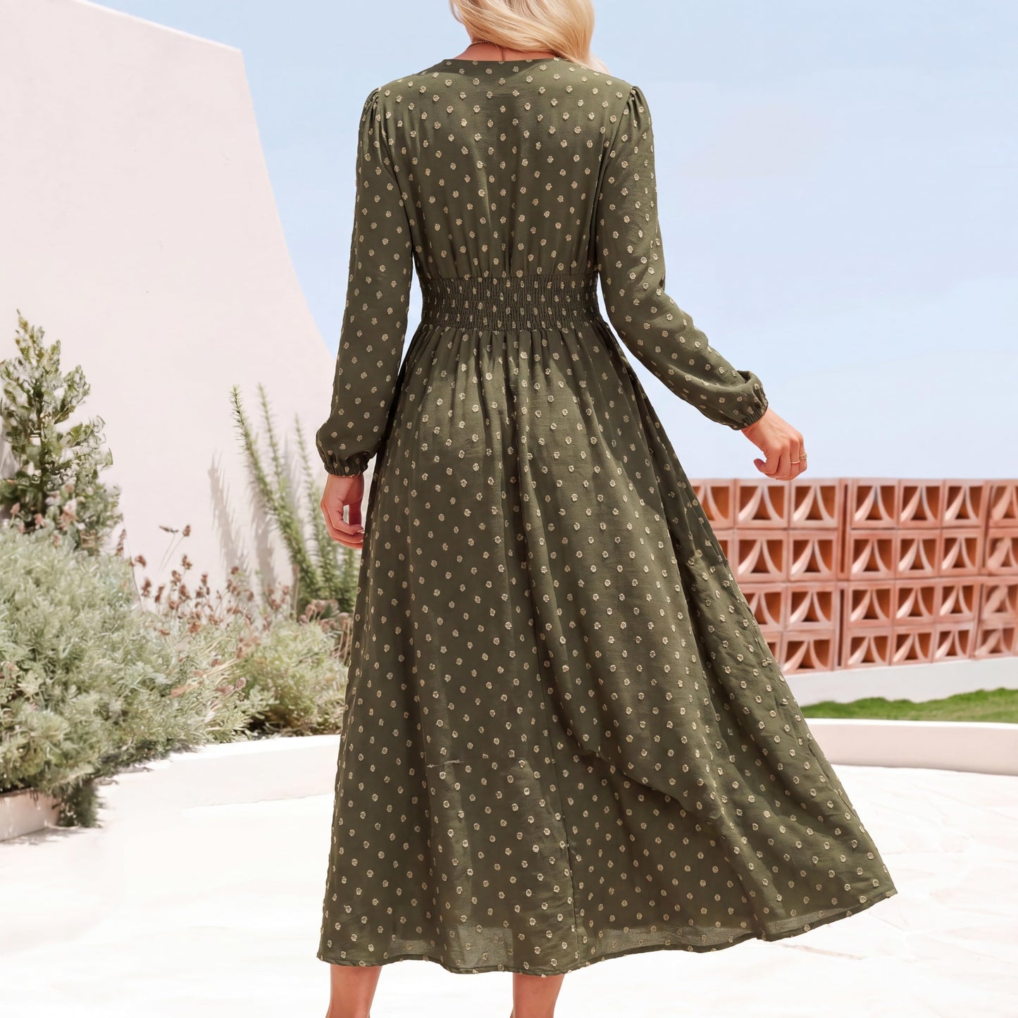 Women's Swiss Dot Long Sleeve V Neck Midi Dress, Faux Wrap A-Line Wedding Guest Dress, Fully Lined Smocked Back