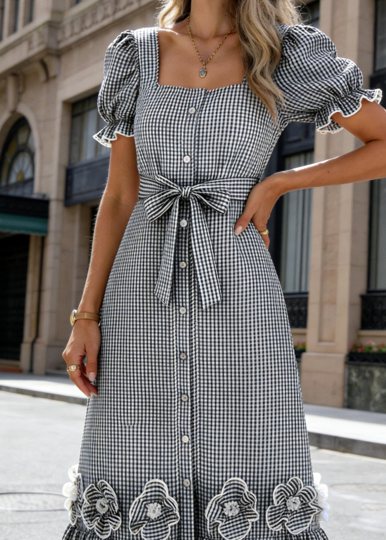 utcoco Dresses for Women Puff Short Sleeve Button Down 3D Flower Ruffle Plaid Maxi Shirt Dress