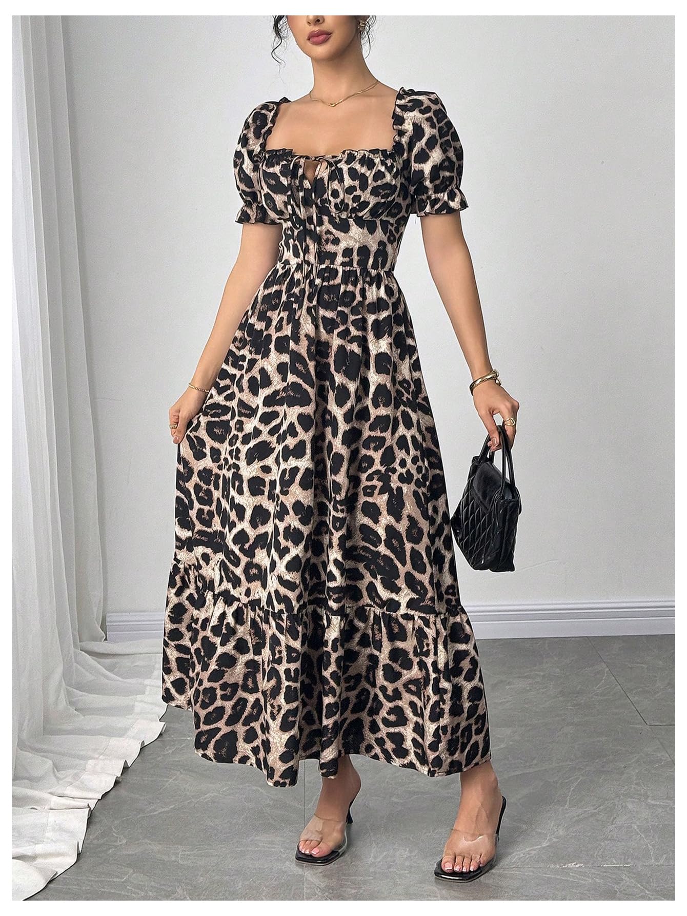 Floerns Women's Floral Short Puff Sleeve Milkmaid Dress Boho A Line Long Dresses