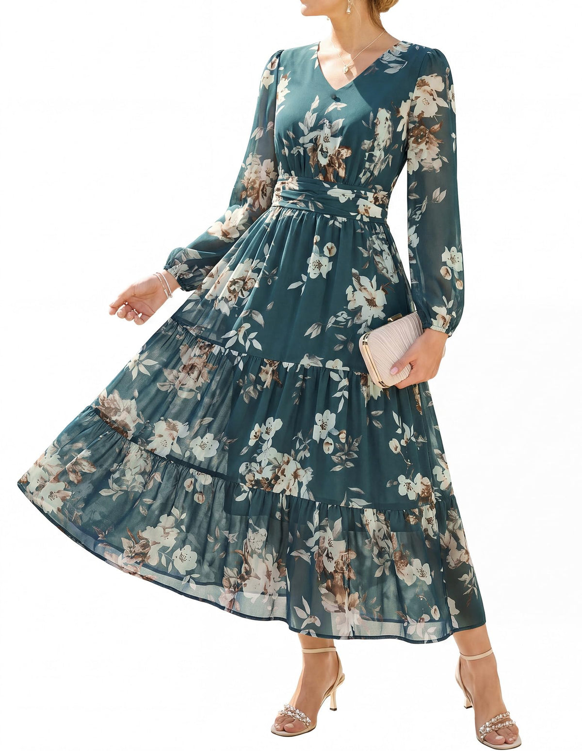 GRACE KARIN Women Floral Maxi Dress Fall Long Sleeve Wedding Guest Dresses