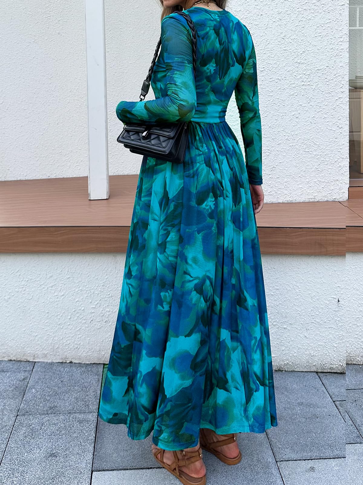 Women's Maxi Dress 2026 Spring Long Sleeve Crewneck Mesh Floral Dress Drop Waist Party Wedding Guest Dresses