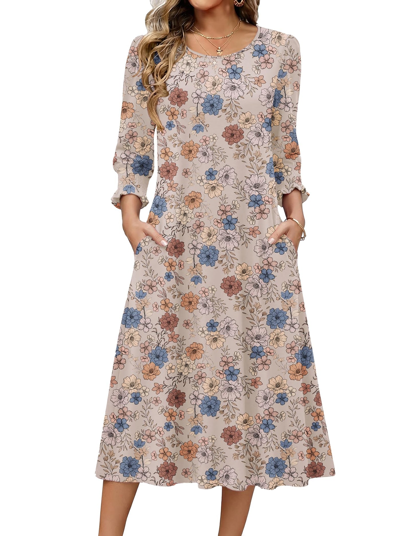 Zeagoo Summer Dresses for Women 2026 3/4 Sleeve Dress for Women Floral Midi Dresses for Casual Womens Dresses with Pockets