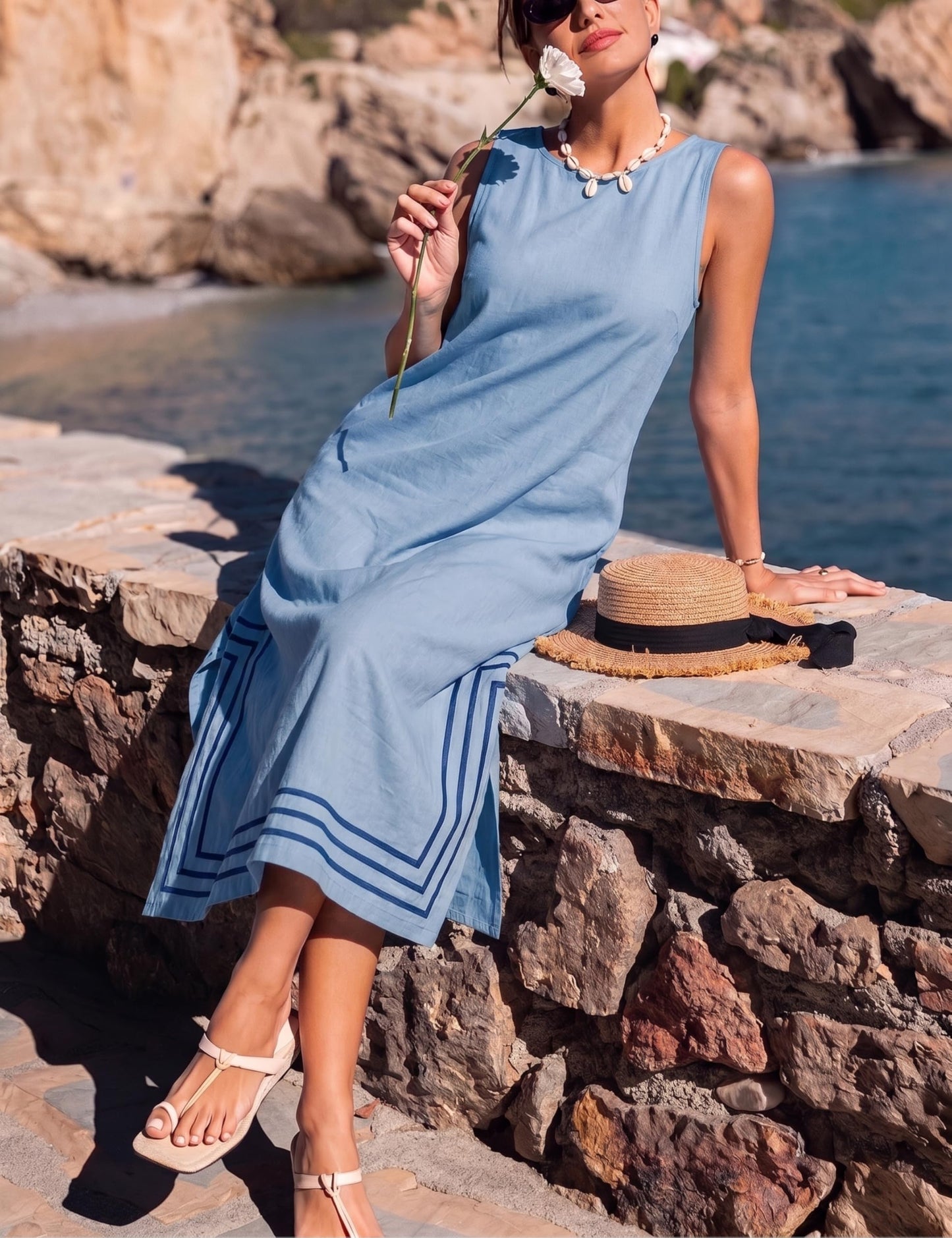 Womens Boho Linen Maxi Dress Sleeveless Split Sundress Color Block A-Line Coverups Beach Vacation Dress with Pockets