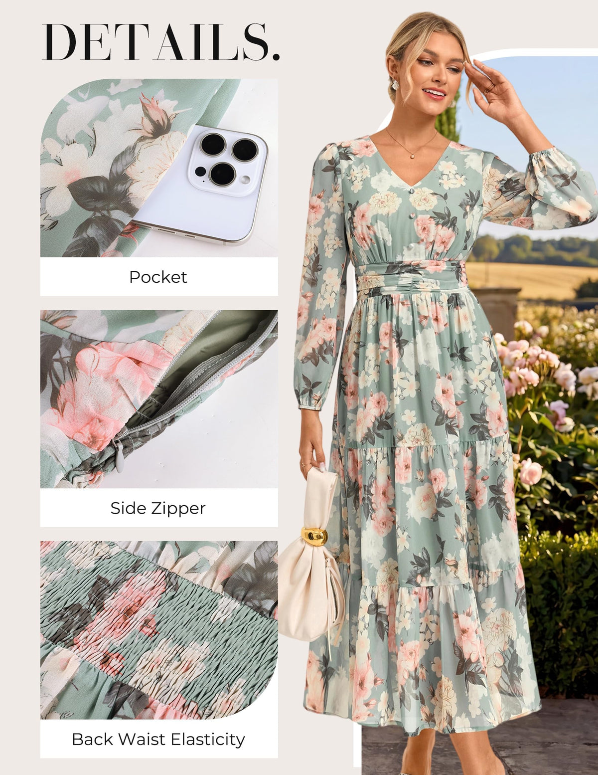 GRACE KARIN Women Floral Maxi Dress Fall Long Sleeve Wedding Guest Dresses