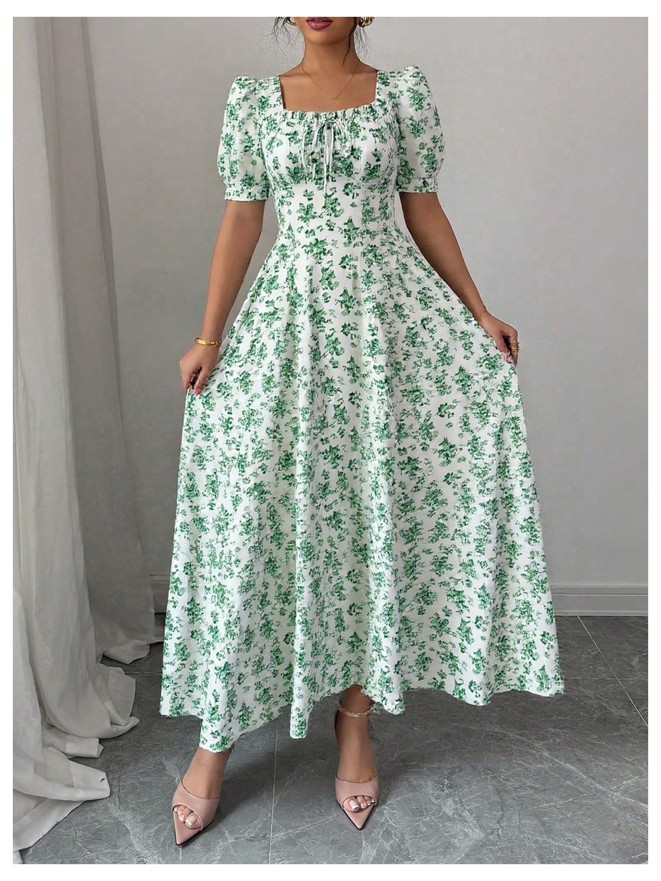Floerns Women's Floral Short Puff Sleeve Milkmaid Dress Boho A Line Long Dresses