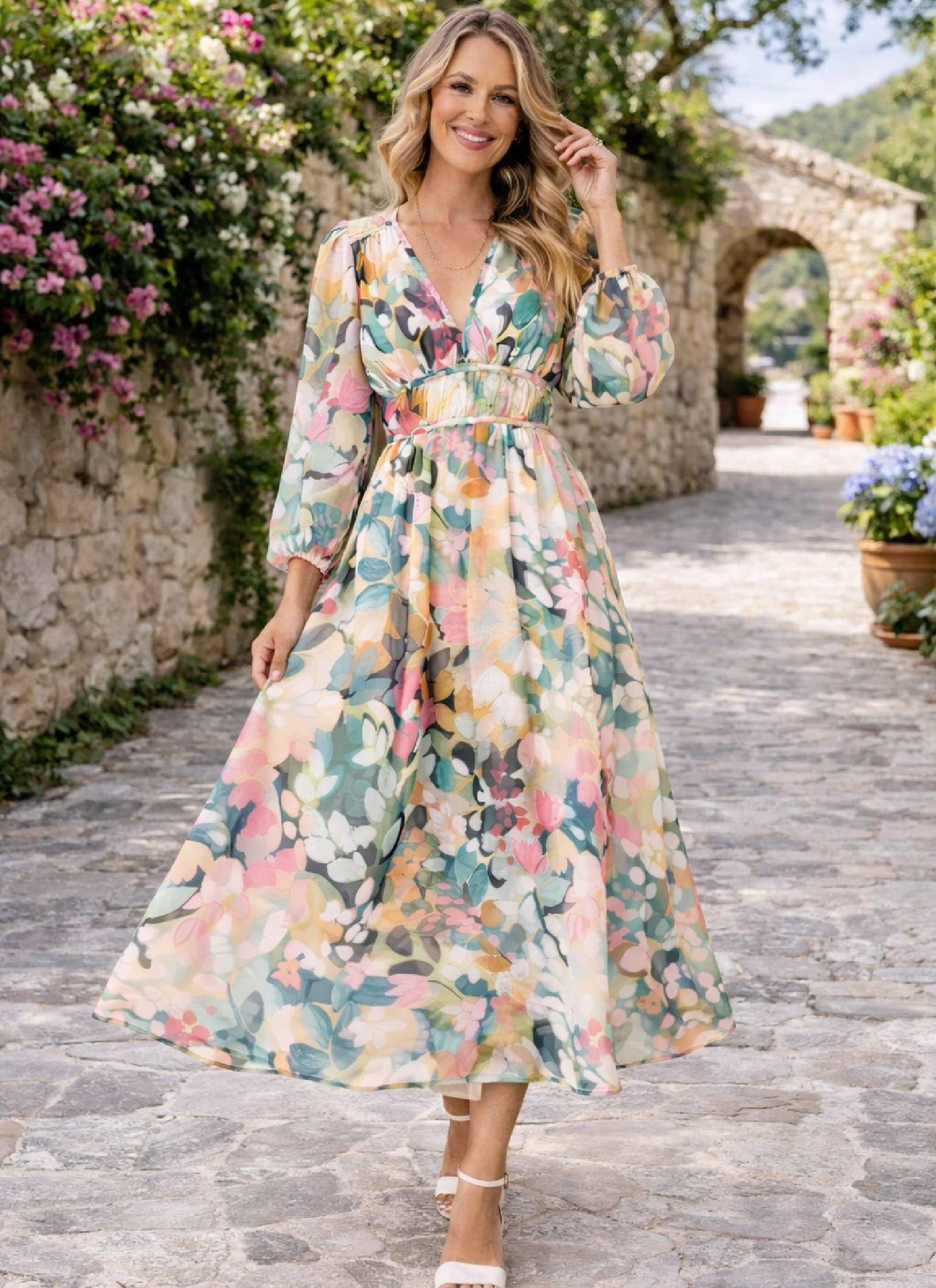 LOZ Womens Long Sleeve Dresses 2026 Summer V-Neck Multicolor Floral Dresses | V-Neck, Puff Sleeve, Chiffon Dresses, Long Dresses, Elegant Wedding Guest, Maxi Dress, Cocktail Dress, Spring Maxi Dress
