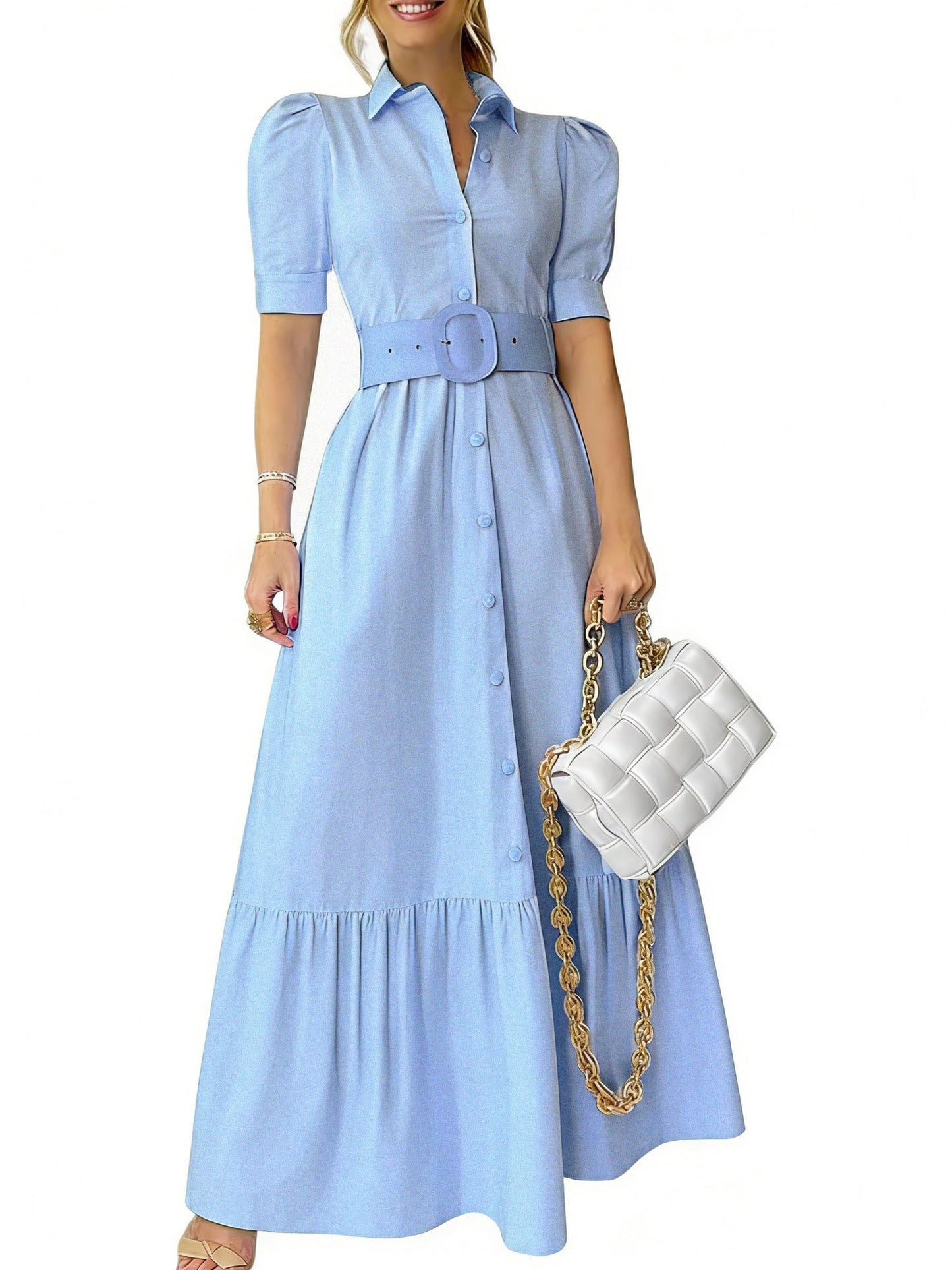 utcoco Womens Striped Button Down Shirt Dress Casual Puff Short Sleeve Ruffle Hem Maxi Dresses with Belt