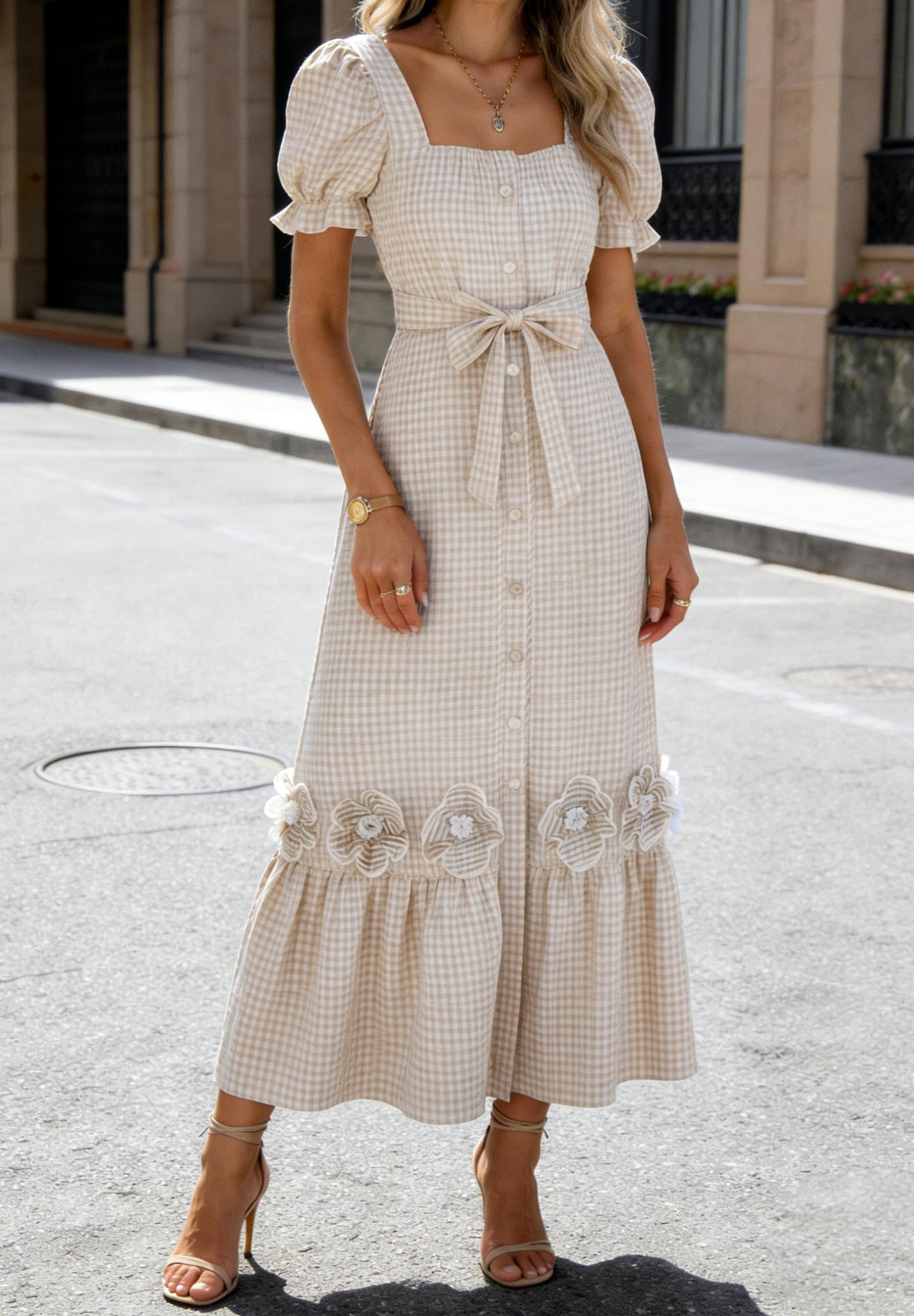 utcoco Dresses for Women Puff Short Sleeve Button Down 3D Flower Ruffle Plaid Maxi Shirt Dress