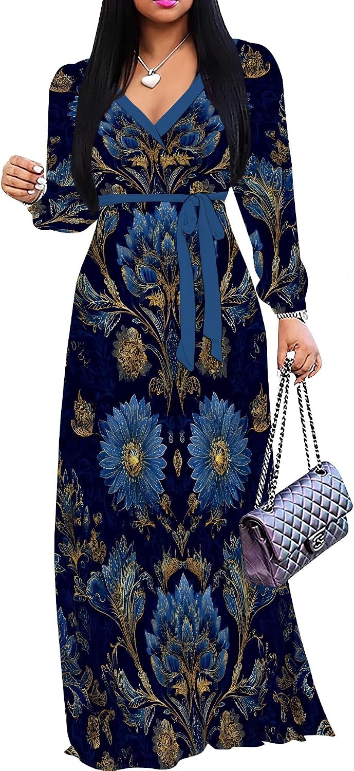 SUZONANA Plus Size Dresses for Women Floral Print Maxi Dress Flowy 3/4 Sleeve with Belt