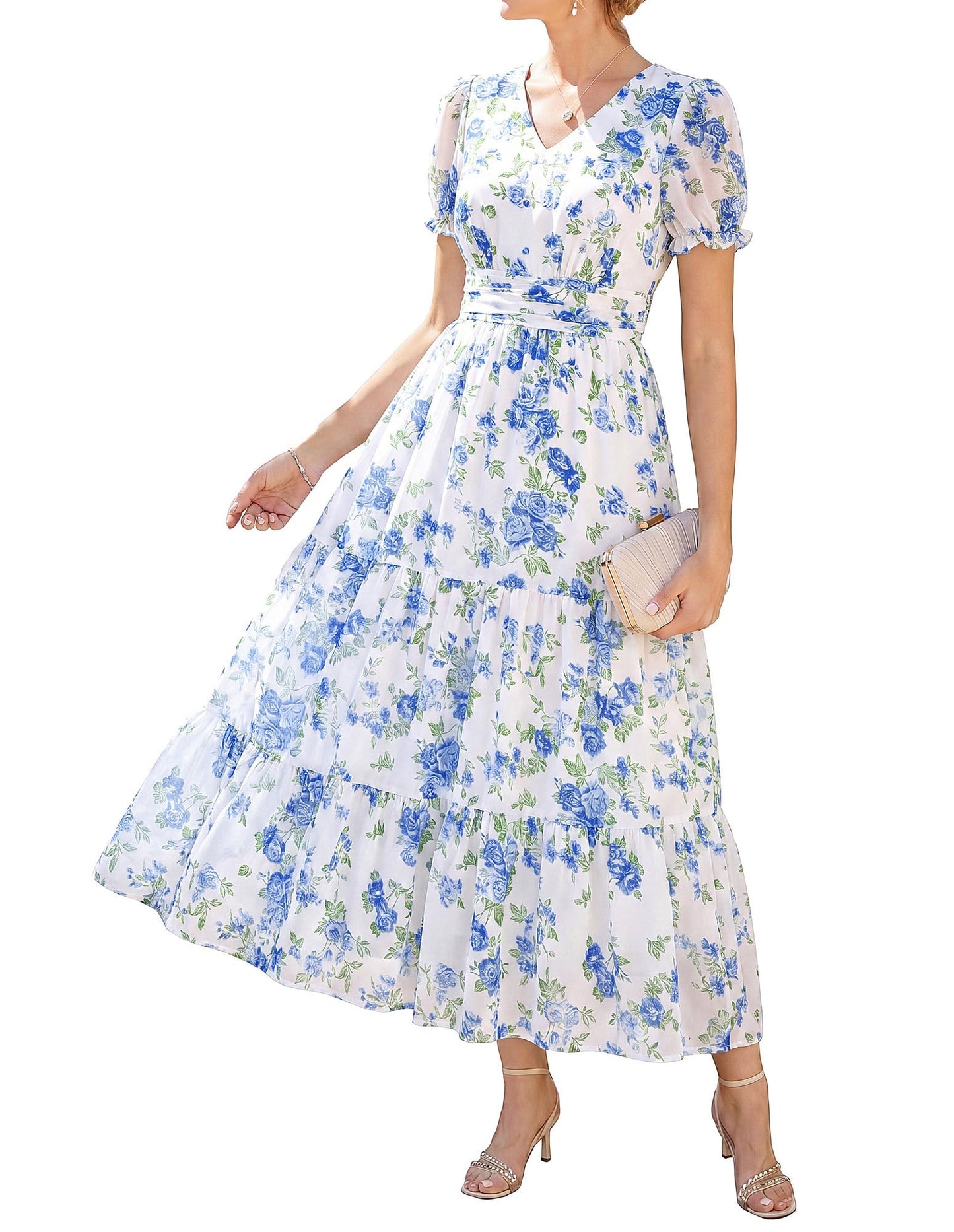 GRACE KARIN Women's 2026 Summer Wedding Guest Maxi Dresses Floral V Neck Short Sleeve Elegant Flowy Formal Dress with Pockets